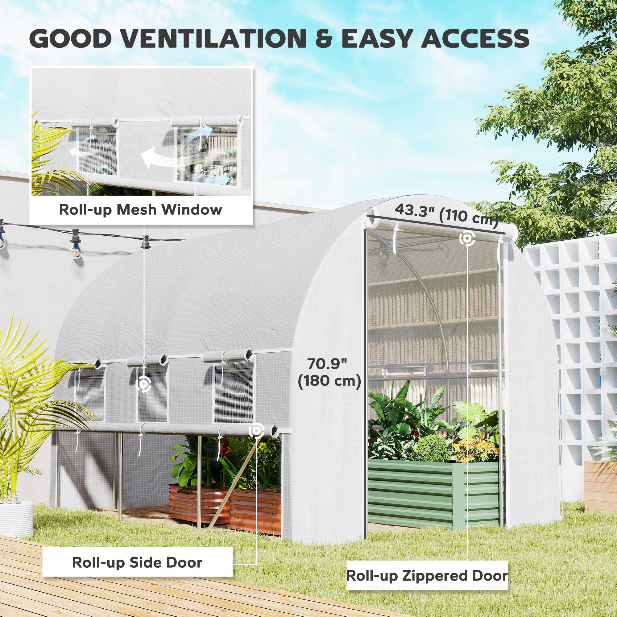 Outsunny Walk-in Polytunnel Greenhouse Green House with Roll-up Sidewalls, UV-resistant PE Cover, 3 x 2 x 2m, White - North Peak Garden Furniture