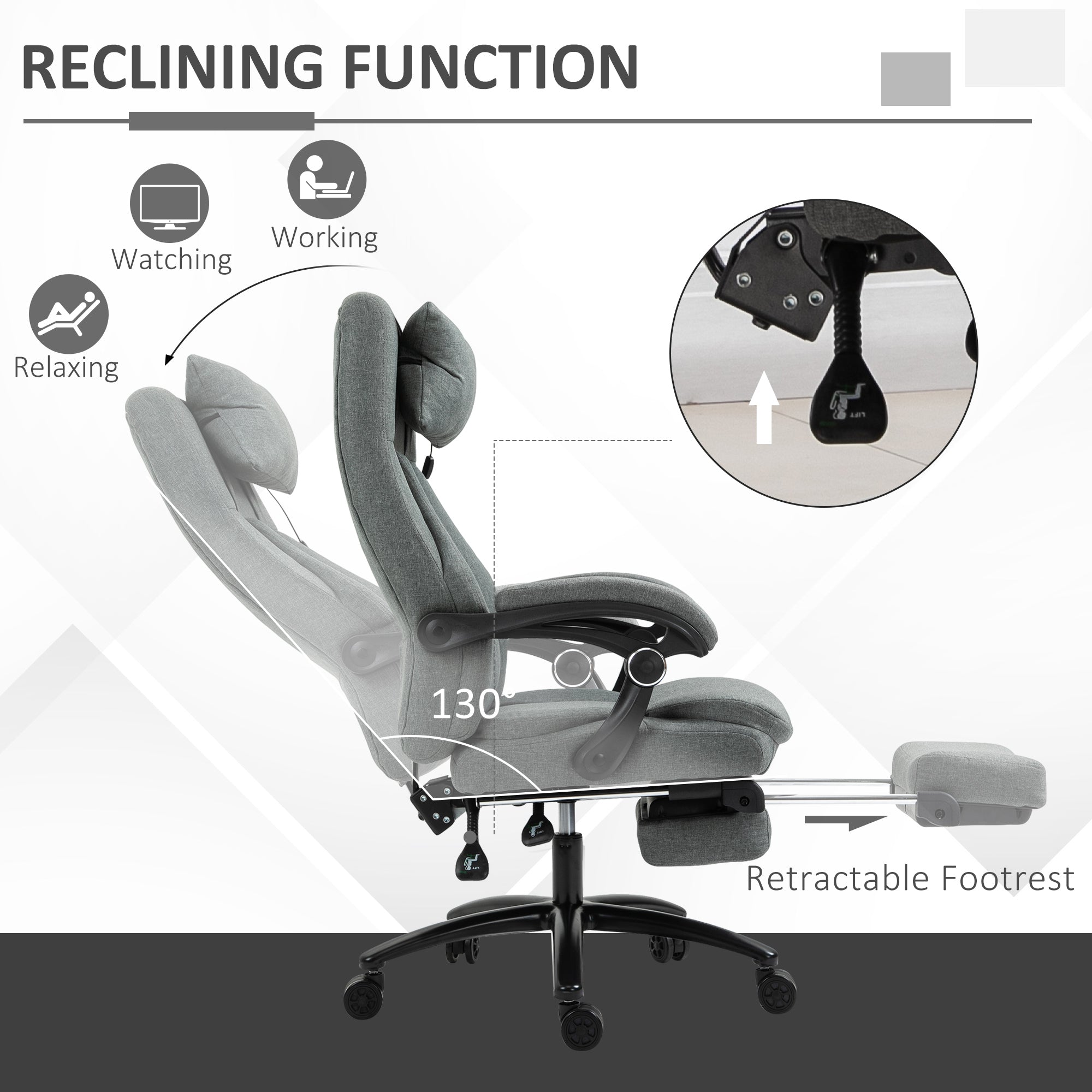Vinsetto Office Chair, Fabric Desk Chair with Adjustable Massage Pillow, USB Power and Retractable Footrest, High Back, 360° Swivel, for Home, Grey - North Peak Garden Furniture