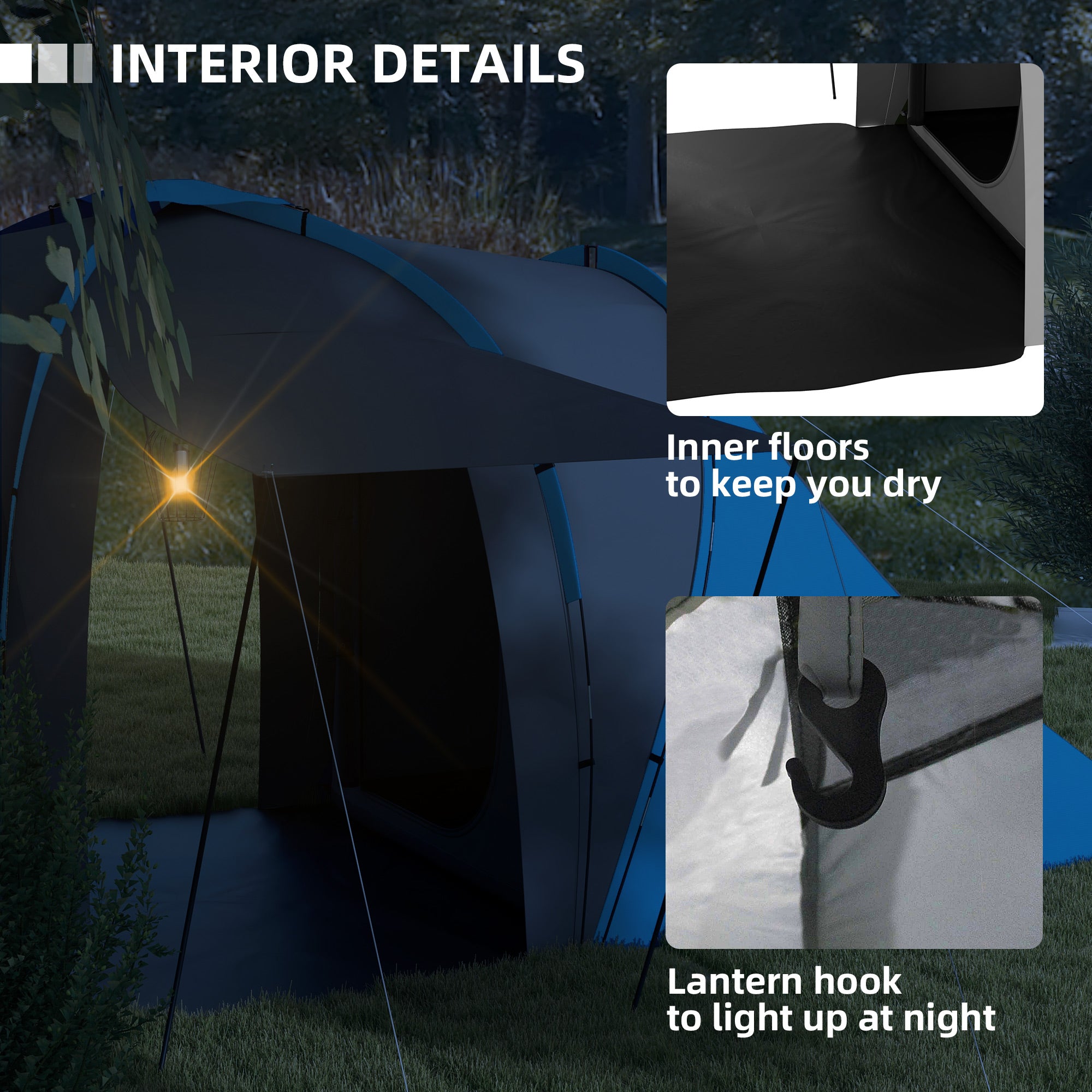 Outsunny Large Camping Tent Tunnel Tent with 2 Bedroom and Living Area, 2000mm Waterproof, Portable with Bag for 4-6 Man, Blue - North Peak Garden Furniture