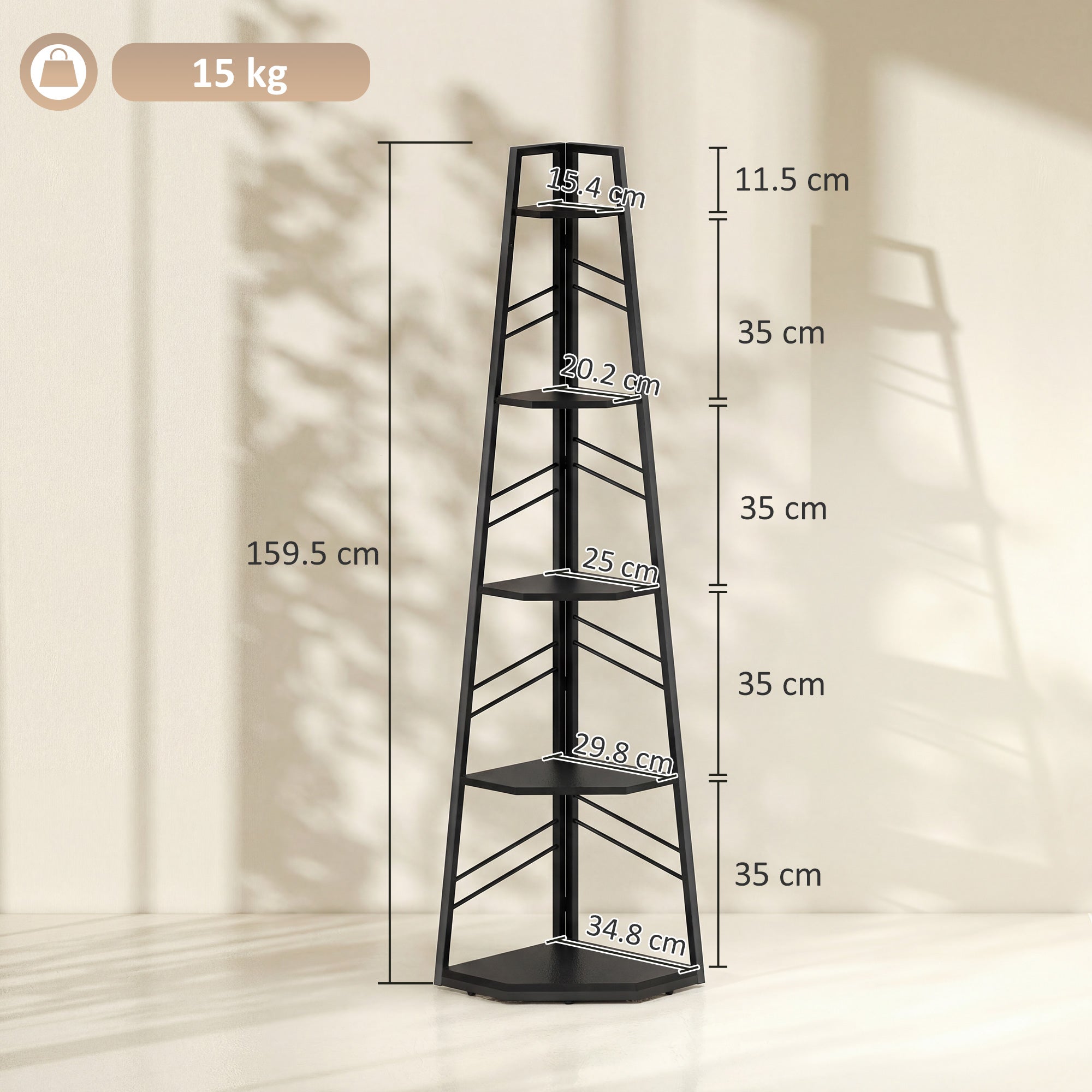 HOMCOM Corner Bookcase, 5-Tier Floor Standing Bookshelf, Shelving Unit for Living Room, Study, Bedroom, Black
