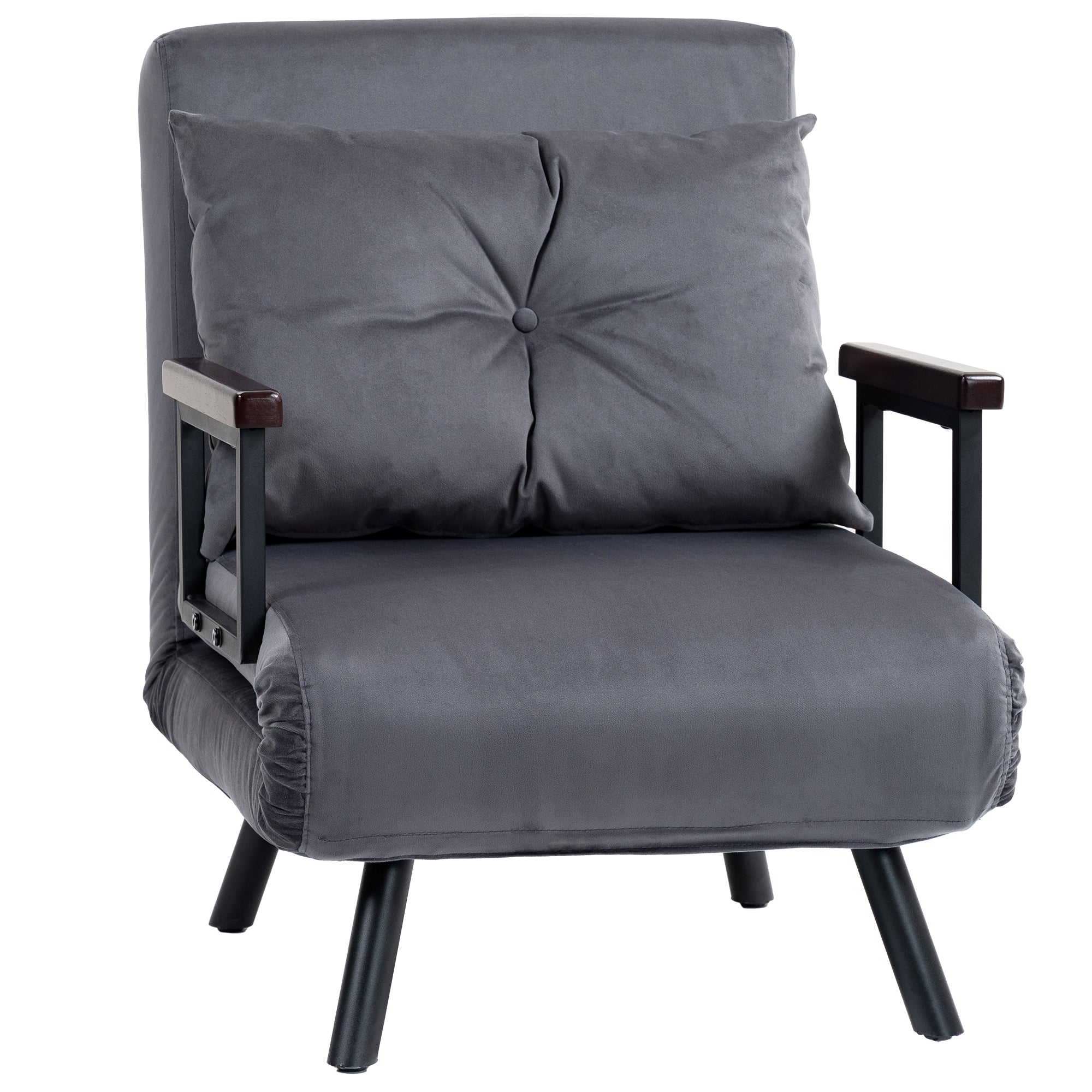 HOMCOM 4-in-1 Velvet-Feel Single Chair Bed, with Pillow - Charcoal Grey - North Peak Garden Furniture