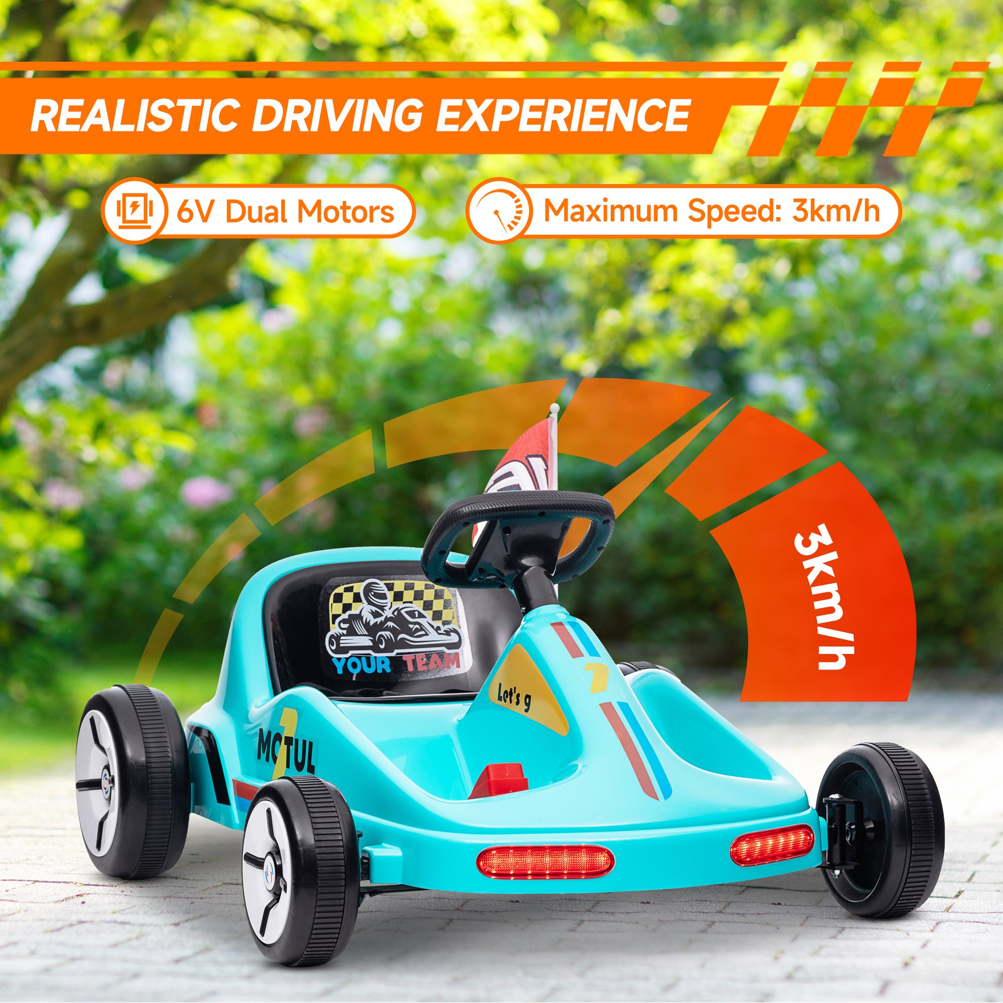 AIYAPLAY 6V Electric Go Kart for Kids with Music, Light, Horn, for 3-5 Years, Blue - North Peak Garden Furniture