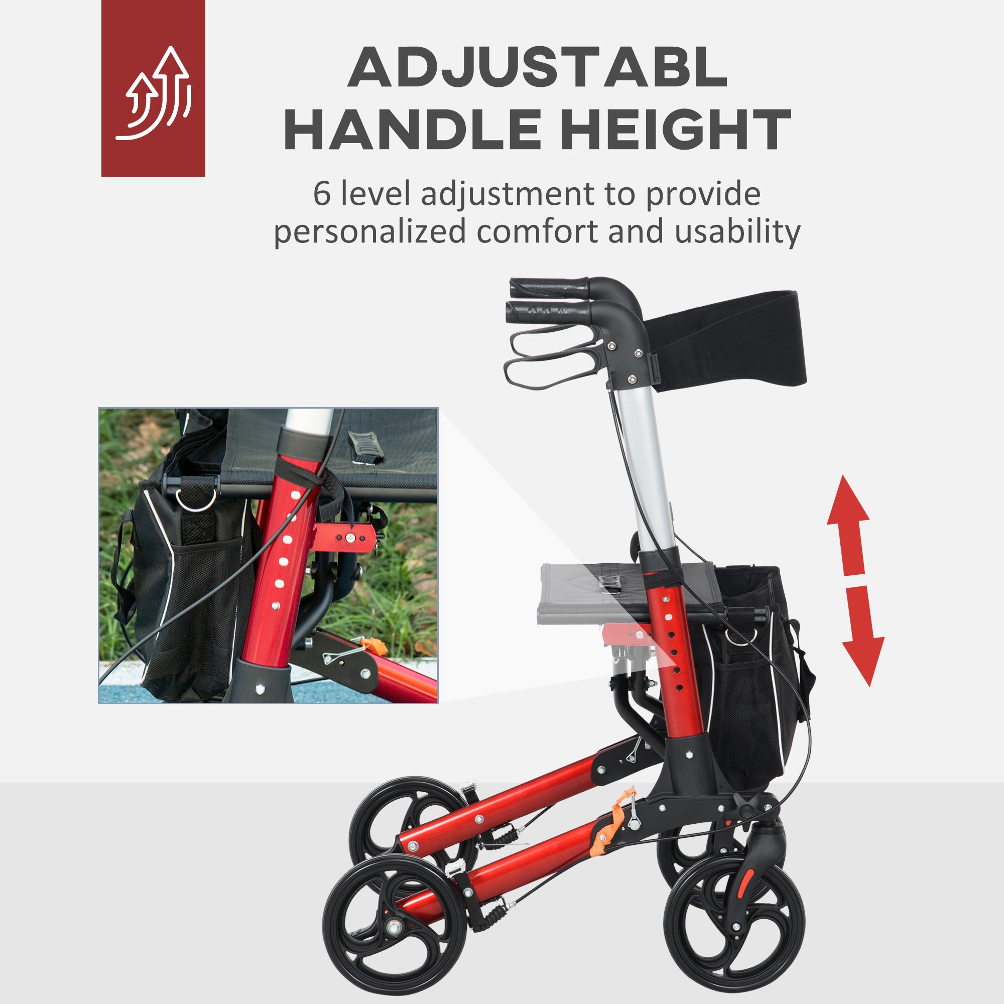 HOMCOM Folding Rollator Walker with Seat and Backrest, Lightweight Walking Frame with Detachable Storage Bag, Dual Brakes, Adjustable Handle Height, 4 Wheeled Walker for Seniors, Handicapped, Red - North Peak Garden Furniture