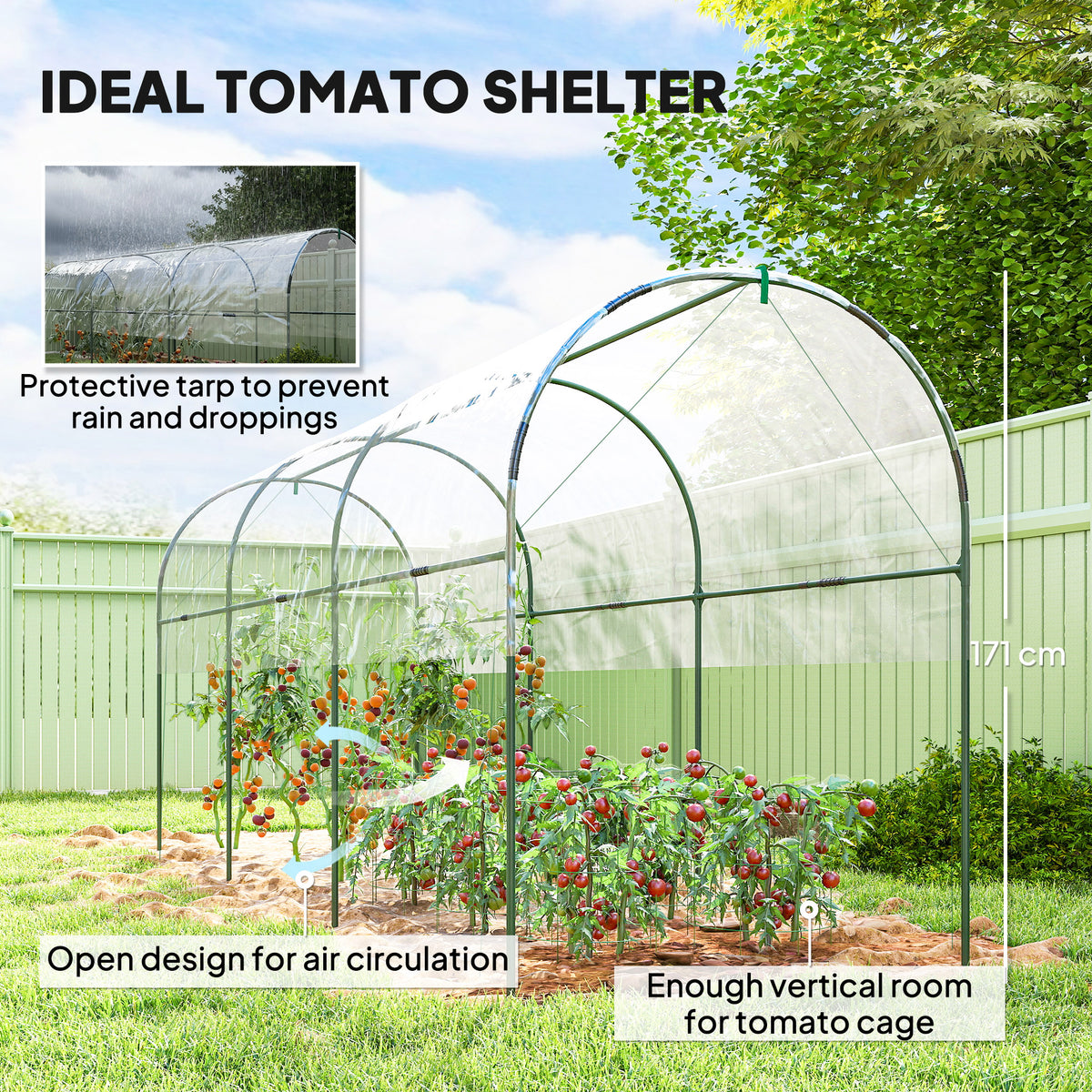 Outsunny Tunnel Tomato Greenhouse with 4 Hoops and Top Tap, Pointed Bottom and Guy Ropes, 400 x 123 x 171 cm, Clear