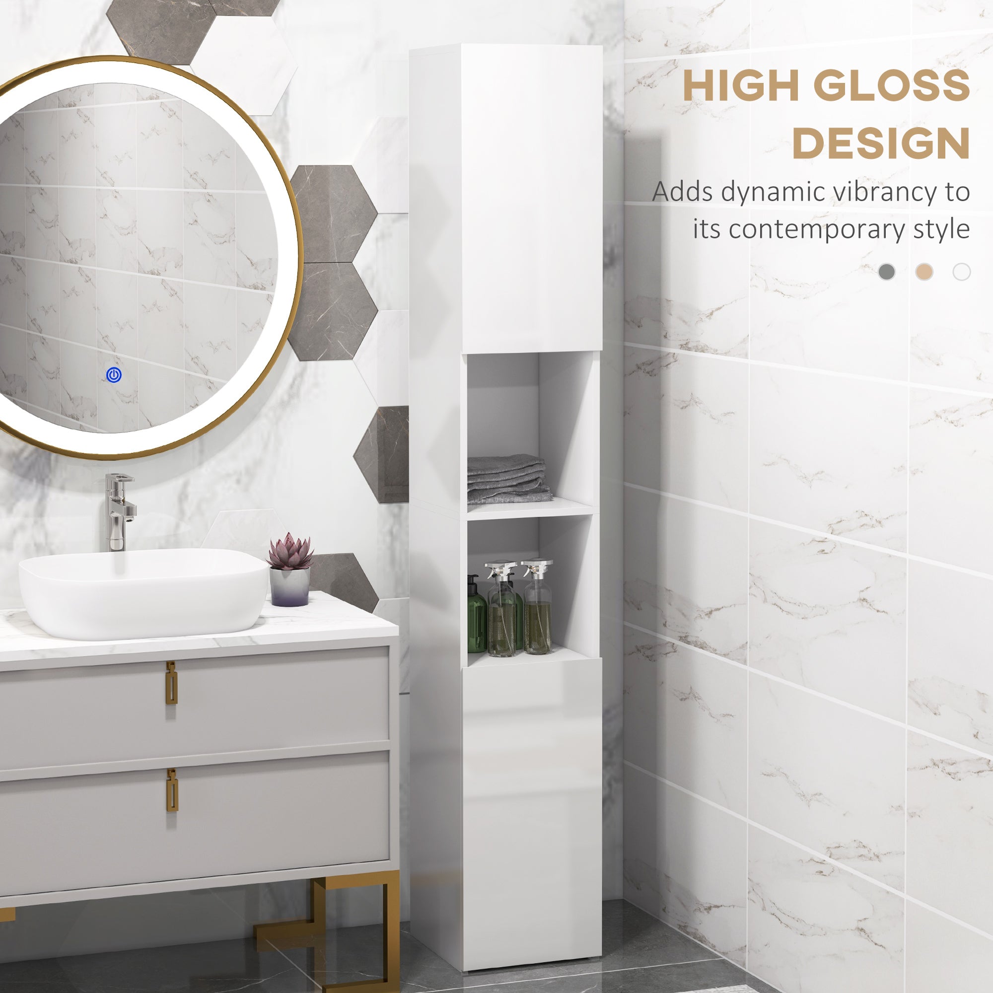 kleankin Freestanding Bathroom Cabinet, High Gloss Storage Cabinet with Doors and Adjustable Shelves, 30 x 30 x 181.5 cm, White - North Peak Garden Furniture