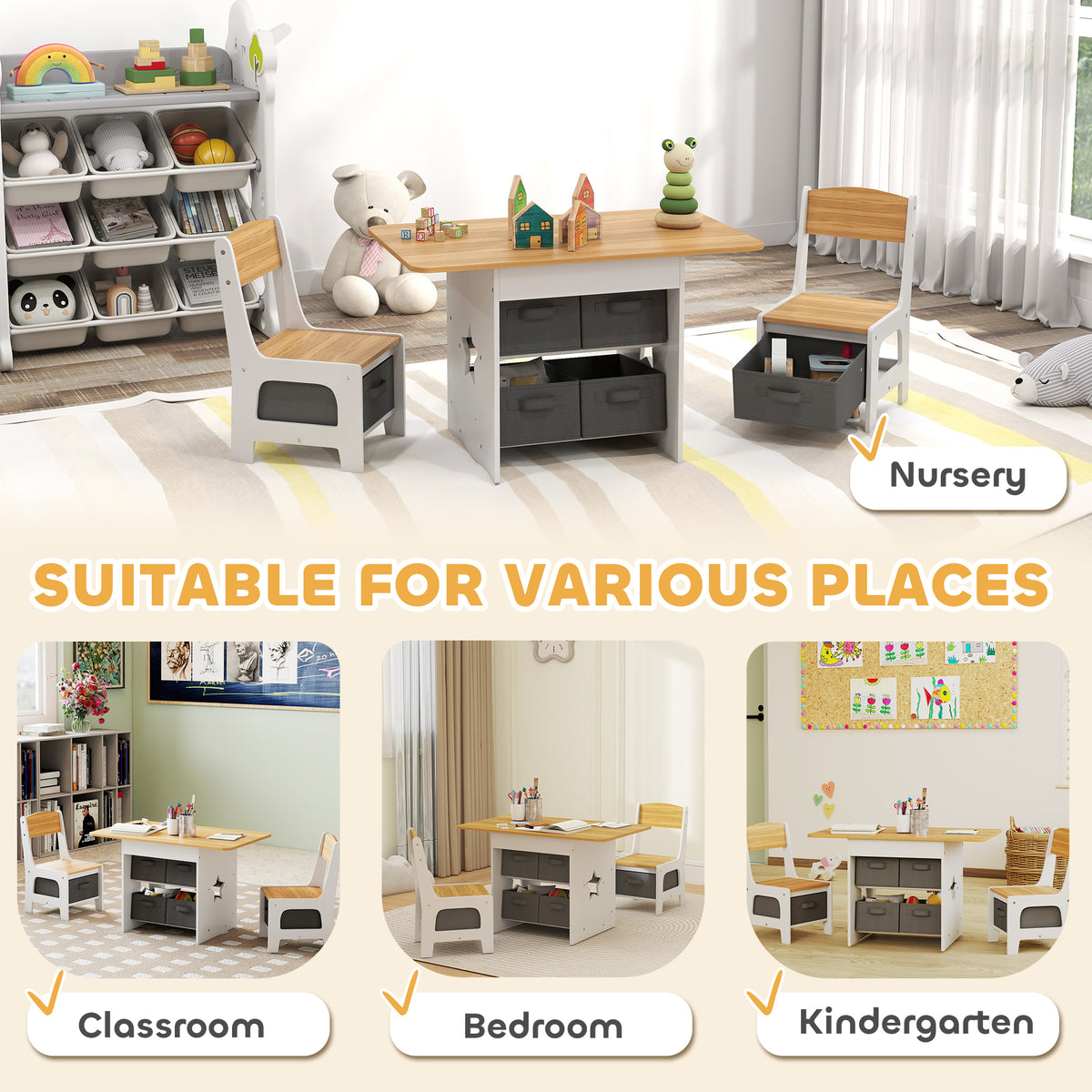 AIYAPLAY Kids Table and Chair Set, Toddler Table and 2 Chairs Set with 6 Removable Drawers, for Boys Girls Ages 3-8, Natural
