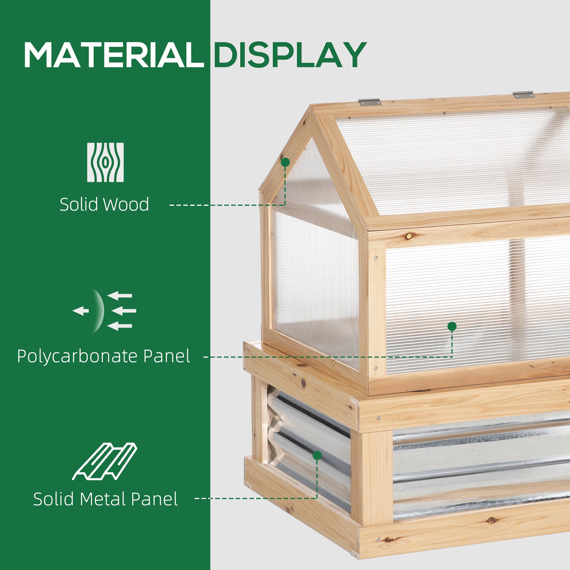 Outsunny Raised Garden Bed with Greenhouse Top, Garden Wooden Cold Frame Greenhouse Flower Planter Protection with 2 Independent Roofs, 122x 61 x 82cm, Natural - North Peak Garden Furniture
