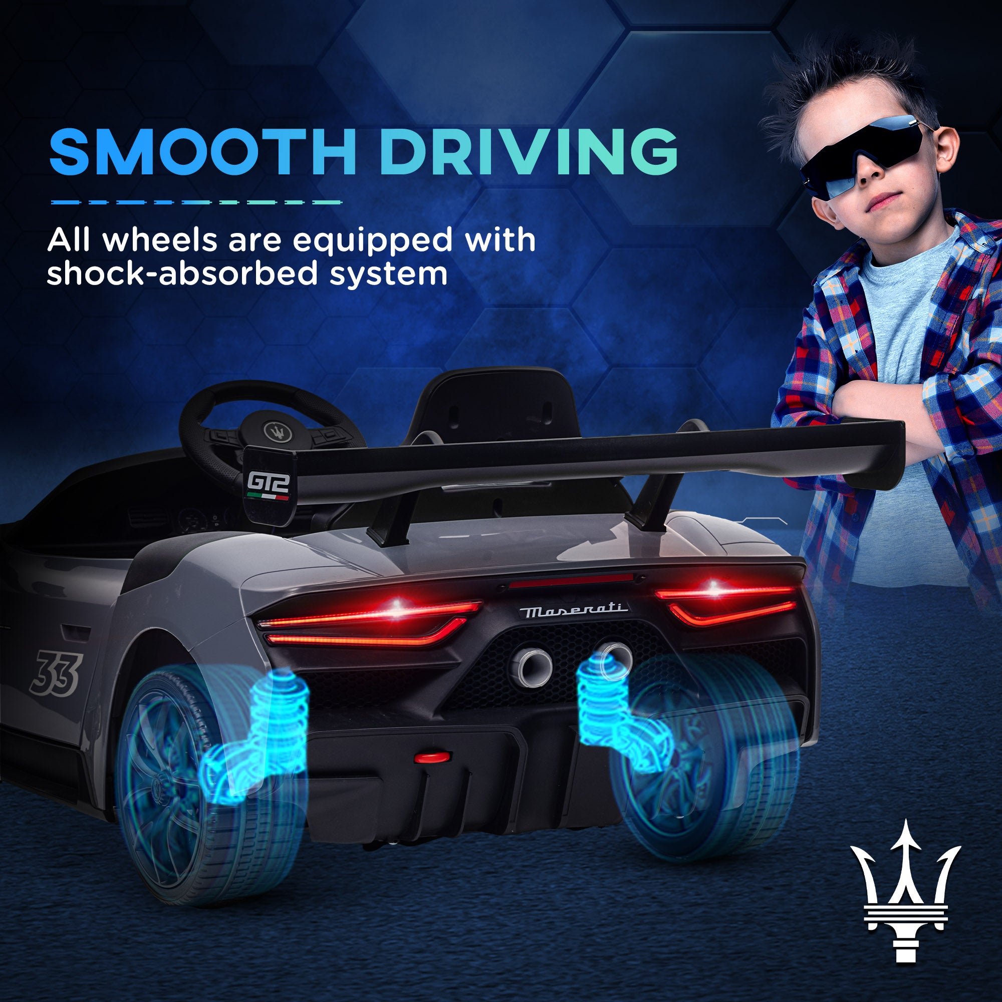 AIYAPLAY Maserati GT2 Licensed 12V Kids Electric Ride on Car with 4 Suspension, Remote Control Music Horn Lights - Grey - North Peak Garden Furniture
