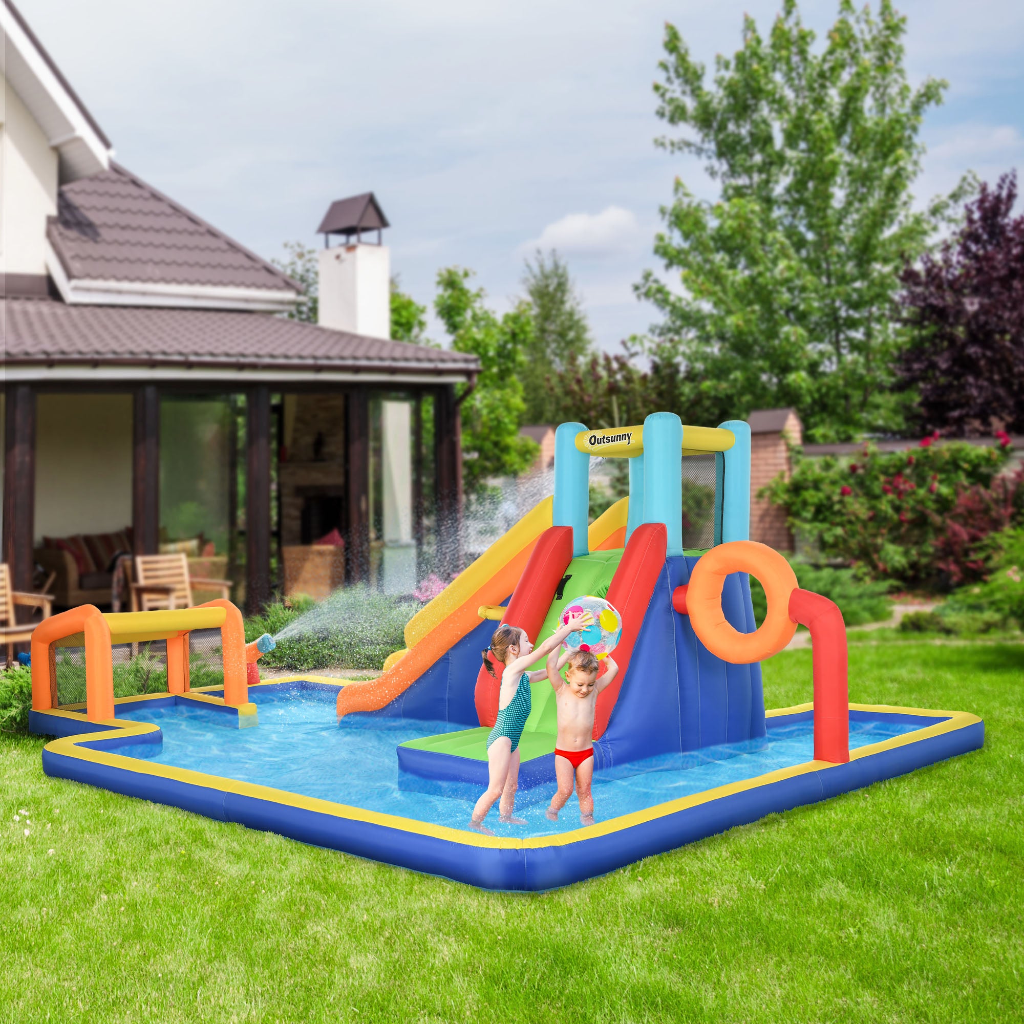 Outsunny 6 in 1 Bouncy Castle with Slide, Pool, Climbing Wall, Water Cannon, Basketball Hoop, Football Stand, for Ages 3-8 Years