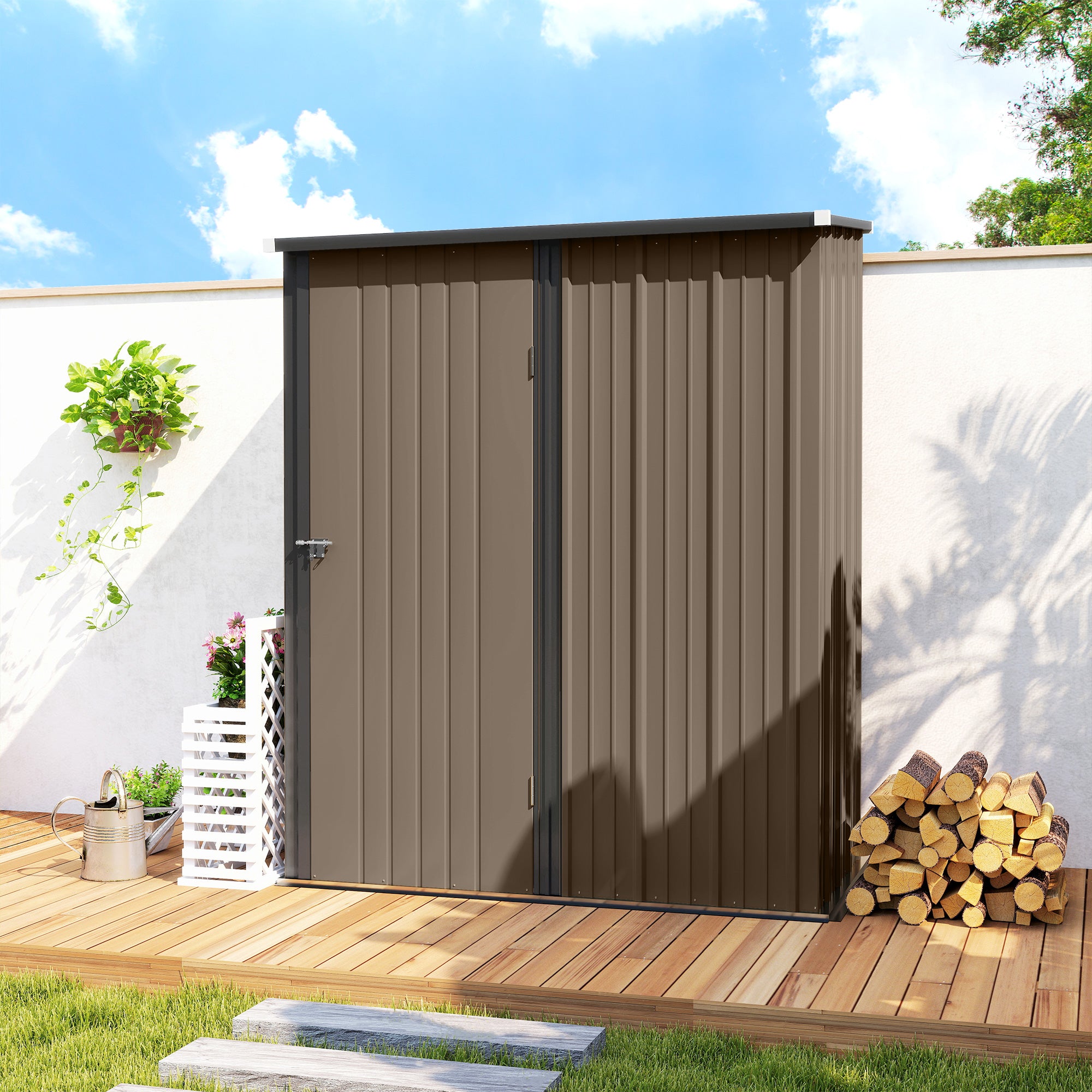 Outsunny Outdoor Storage Shed, Garden Metal Storage Shed w/ Single Door for Garden, Patio, 5.3ft x 3.1ft, Brown