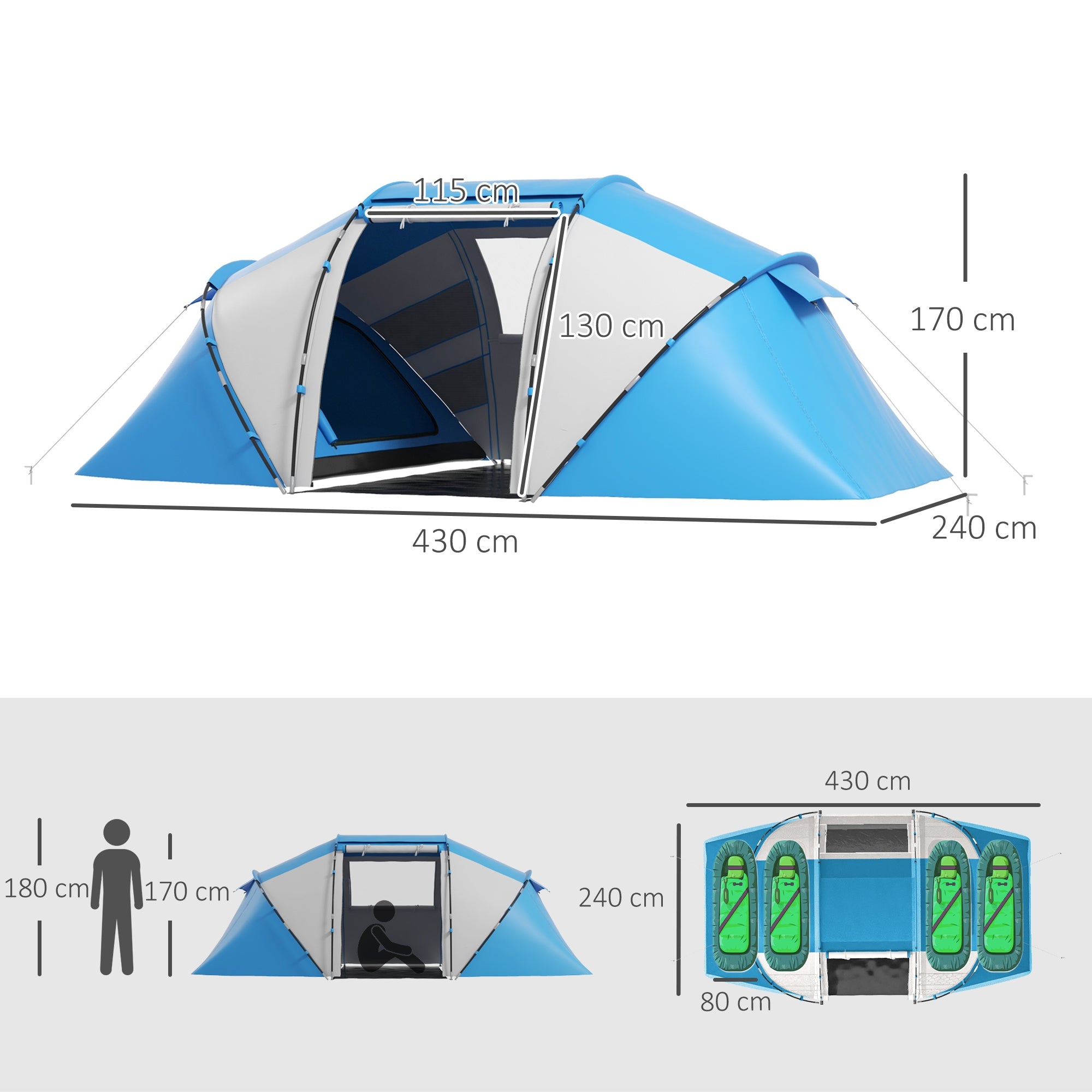 Outsunny 4-6 Man Camping Tent w/ Two Bedroom, Hiking Sun Shelter, UV Protection Tunnel Tent, Blue and White