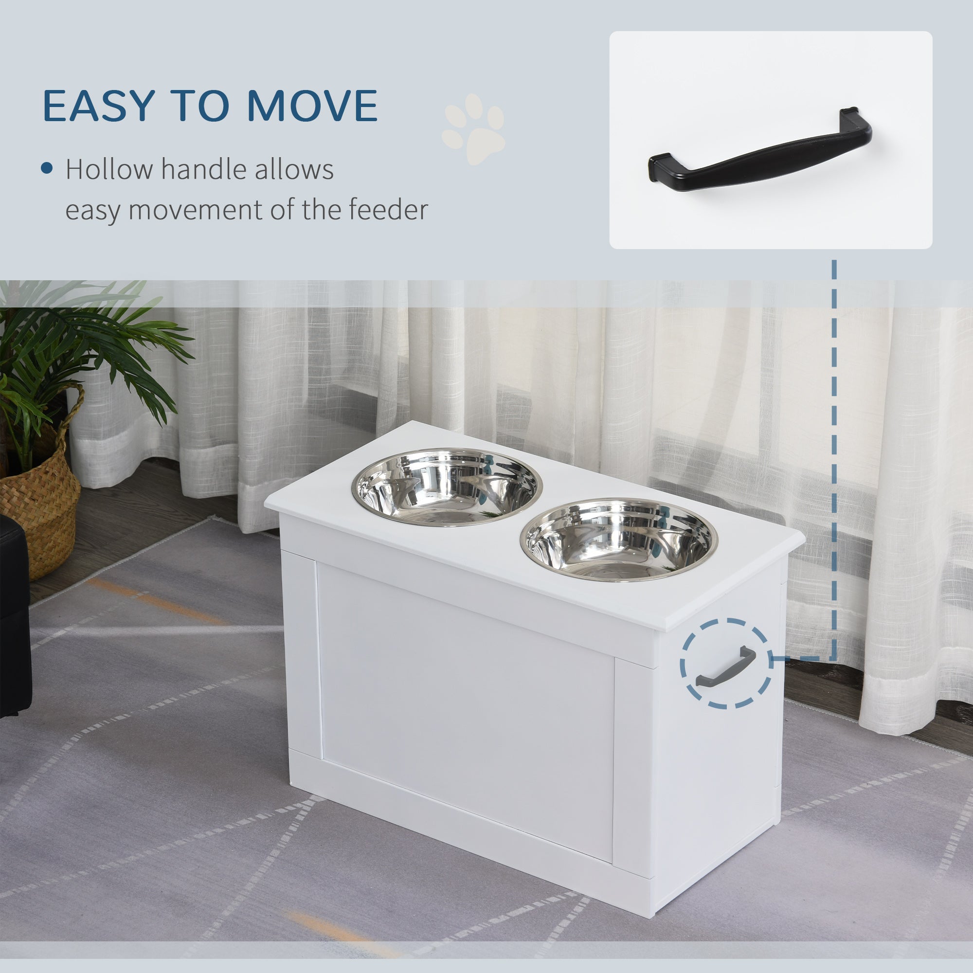 PawHut Raised Dog Bowls, with Storage, Two Stainless Steel Bowls, Elevated Base - White - North Peak Garden Furniture