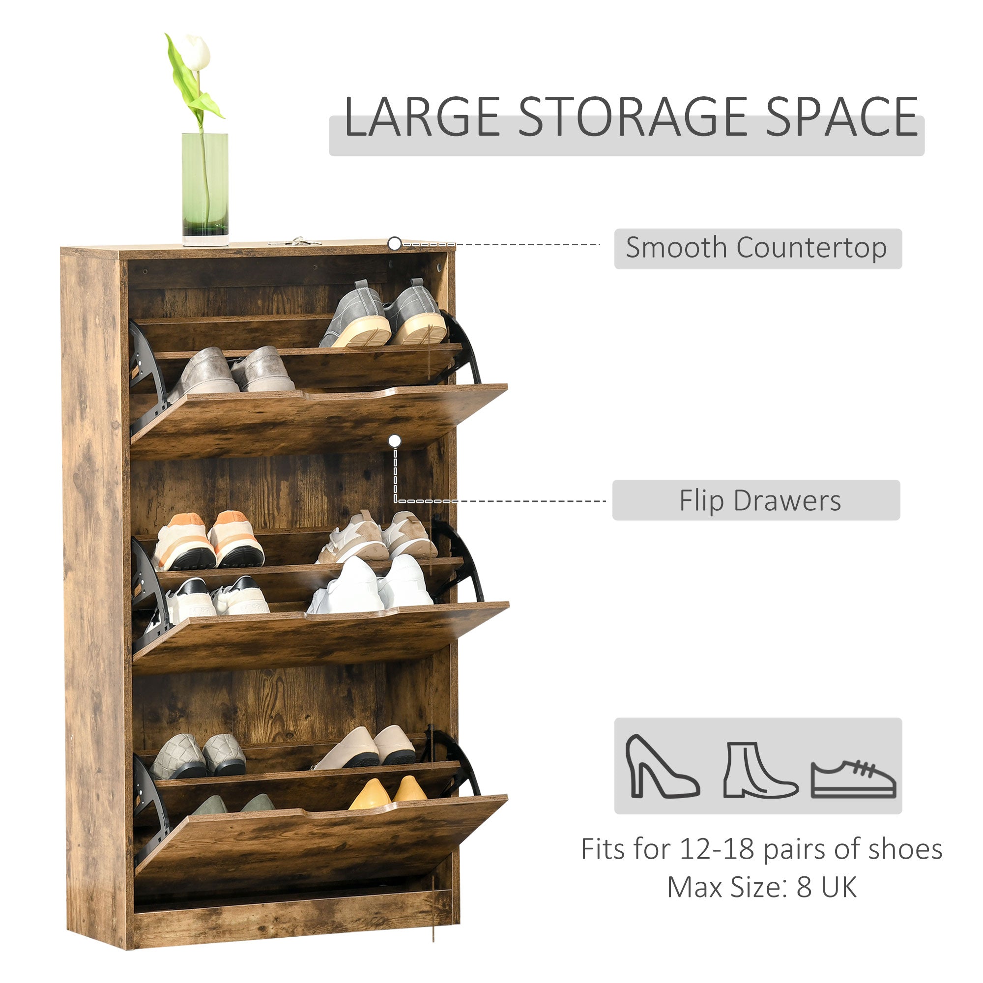 HOMCOM Industrial Shoe Cabinet with 3 Flip Drawers, Narrow Shoe Storage Cabinet for 18 Pairs, Freestanding Slim Shoe Storage Organiser for Entryway, Hallway, Rustic Brown - North Peak Garden Furniture