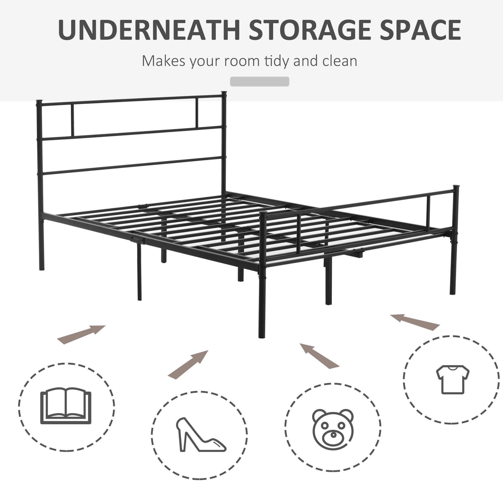 HOMCOM Double Metal Bed Frame Solid Bedstead Base with Headboard and Footboard, Metal Slat Support and Underbed Storage Space, Bedroom Furniture, Black - North Peak Garden Furniture