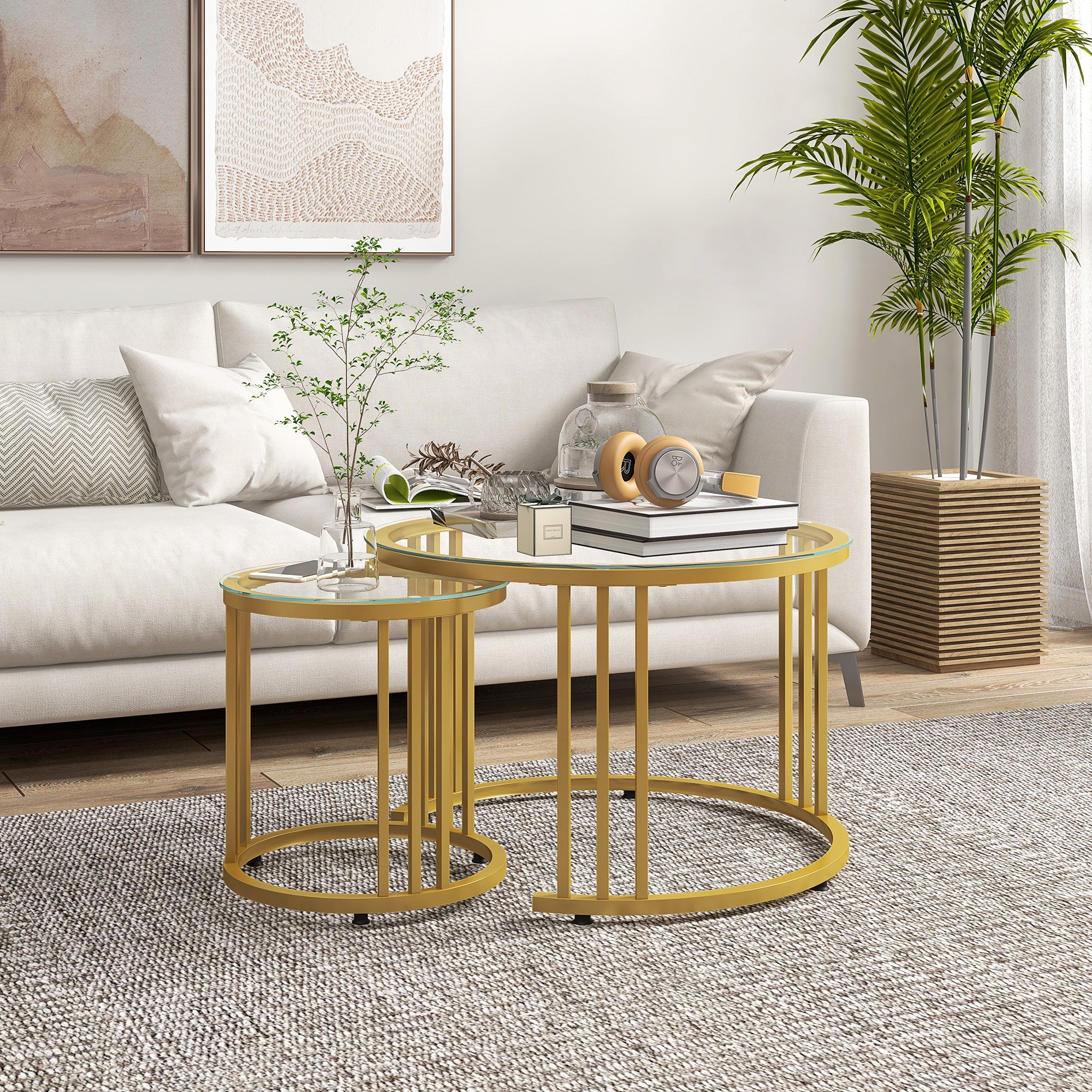 HOMCOM Round Coffee Tables Set of 2, Nesting Tables with Tempered Glass Top and Steel Frame, 60cmx60cmx47cm, Gold Tone - North Peak Garden Furniture