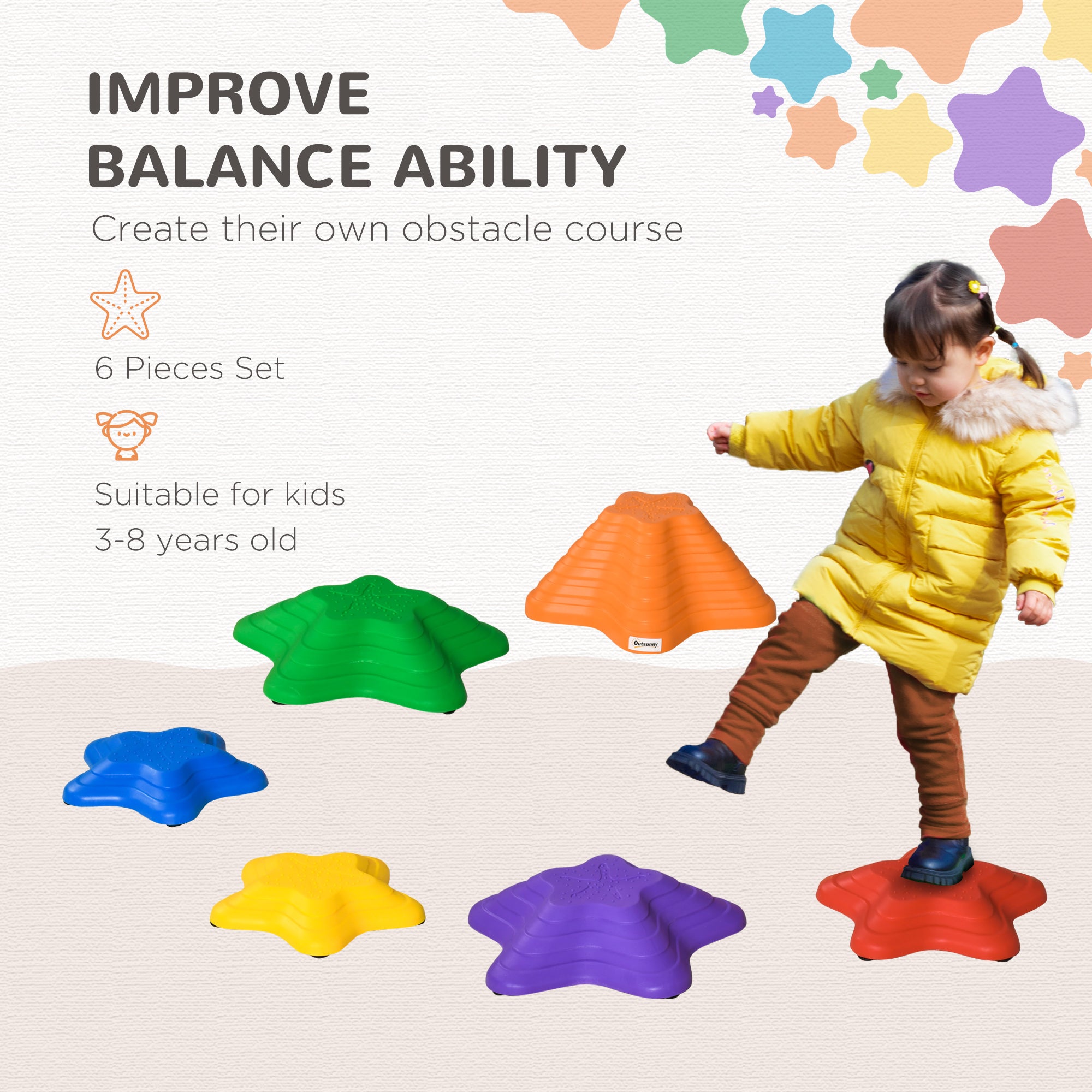 Outsunny 6-Piece Kids Balance Stepping Stones, Starfish Style Non-slip Obstacle Course, Stackable Balance Blocks Garden Toys Encourage Toddler Balance Indoor Outdoor - North Peak Garden Furniture