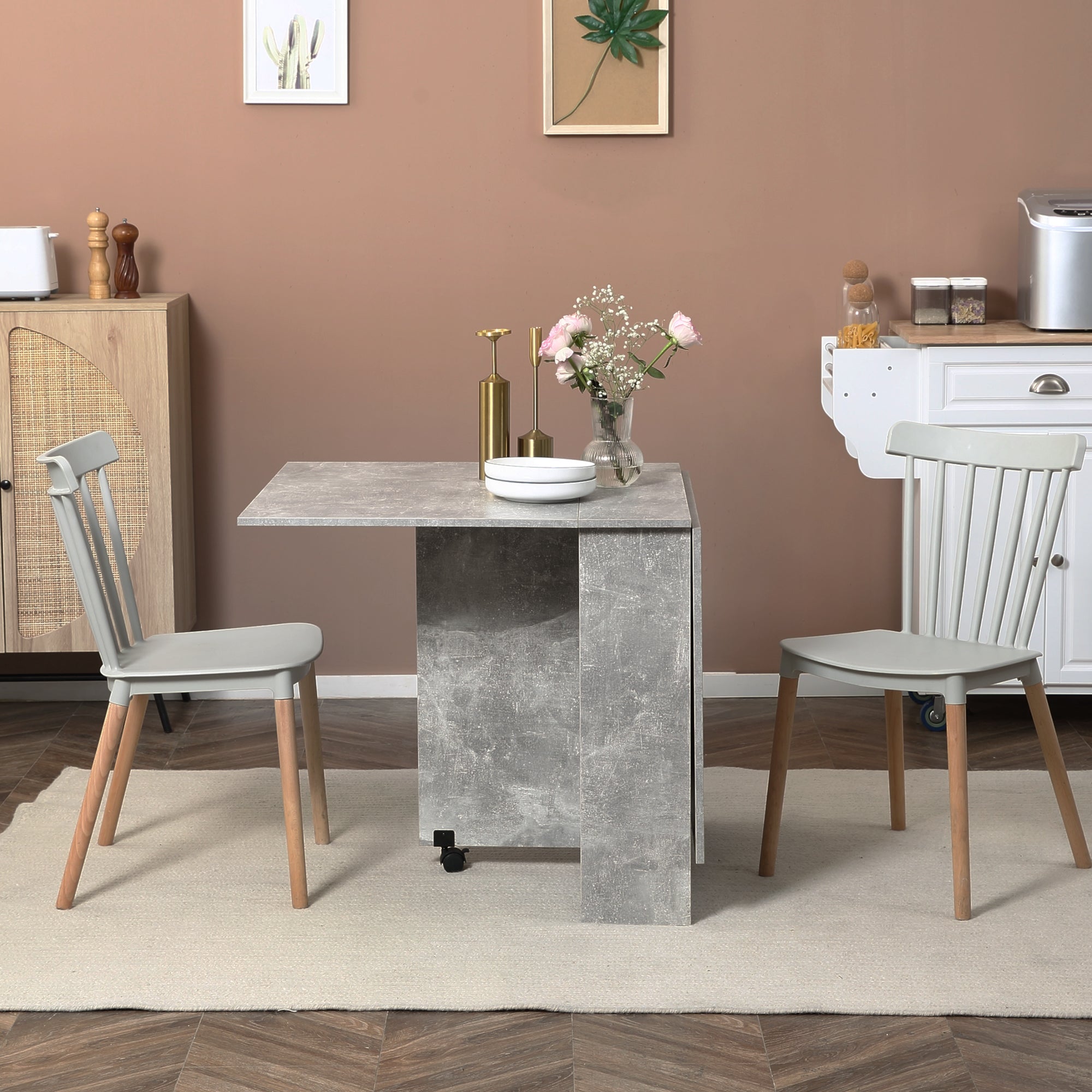 HOMCOM Folding Dining Table, Drop Leaf Table for Small Spaces with 2-tier Shelves, Small Kitchen Table with Rolling Casters, Cement Grey - North Peak Garden Furniture