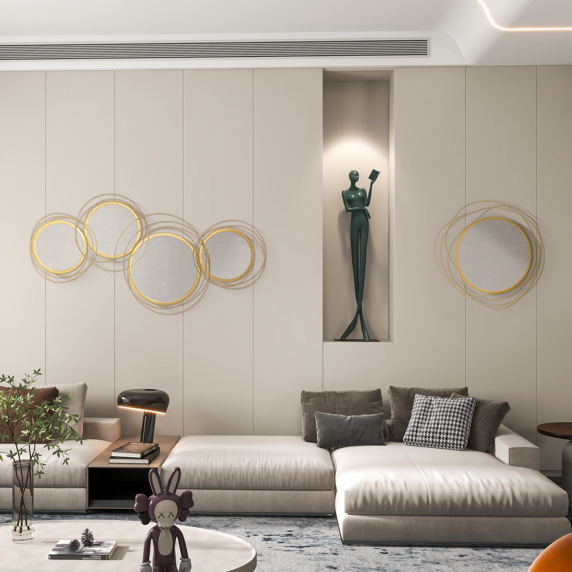HOMCOM Abstract Metal Wire Wall Mirror, with Accessories - Gold Tone - North Peak Garden Furniture