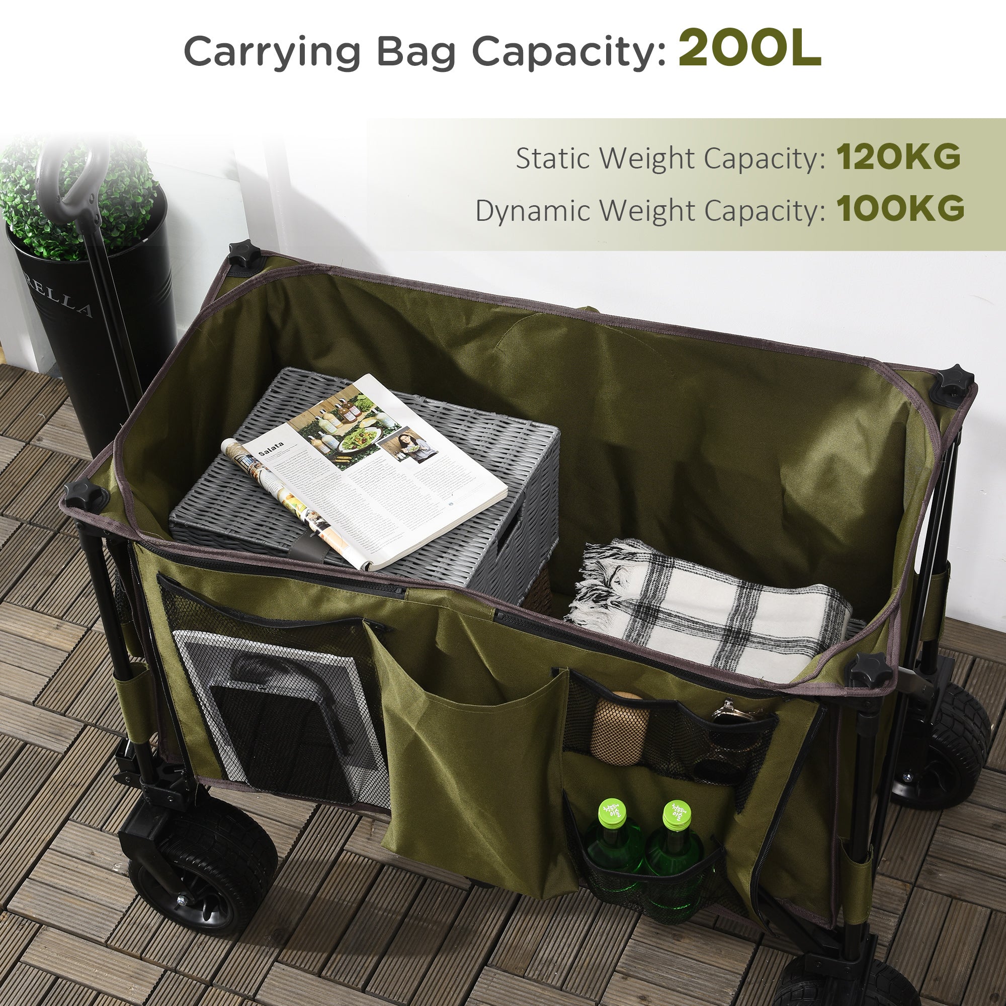 Outsunny Folding Garden Trolley, Cargo Traile on Wheels, Collapsible Camping Trolley, Outdoor Utility Wagon with Steel Frame and Oxford Fabric, Green - North Peak Garden Furniture