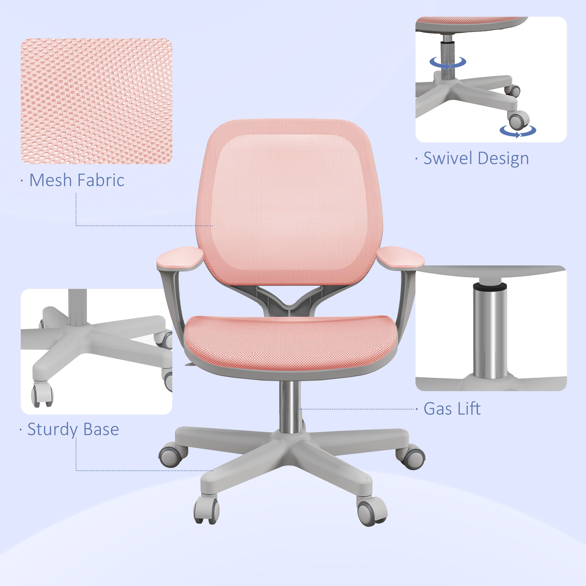 Vinsetto Office Chair, Breathable Mesh Swivel Desk Chair with Adjustable Height and 360° Swivel Security Wheels for Home Office, Study, Pink - North Peak Garden Furniture