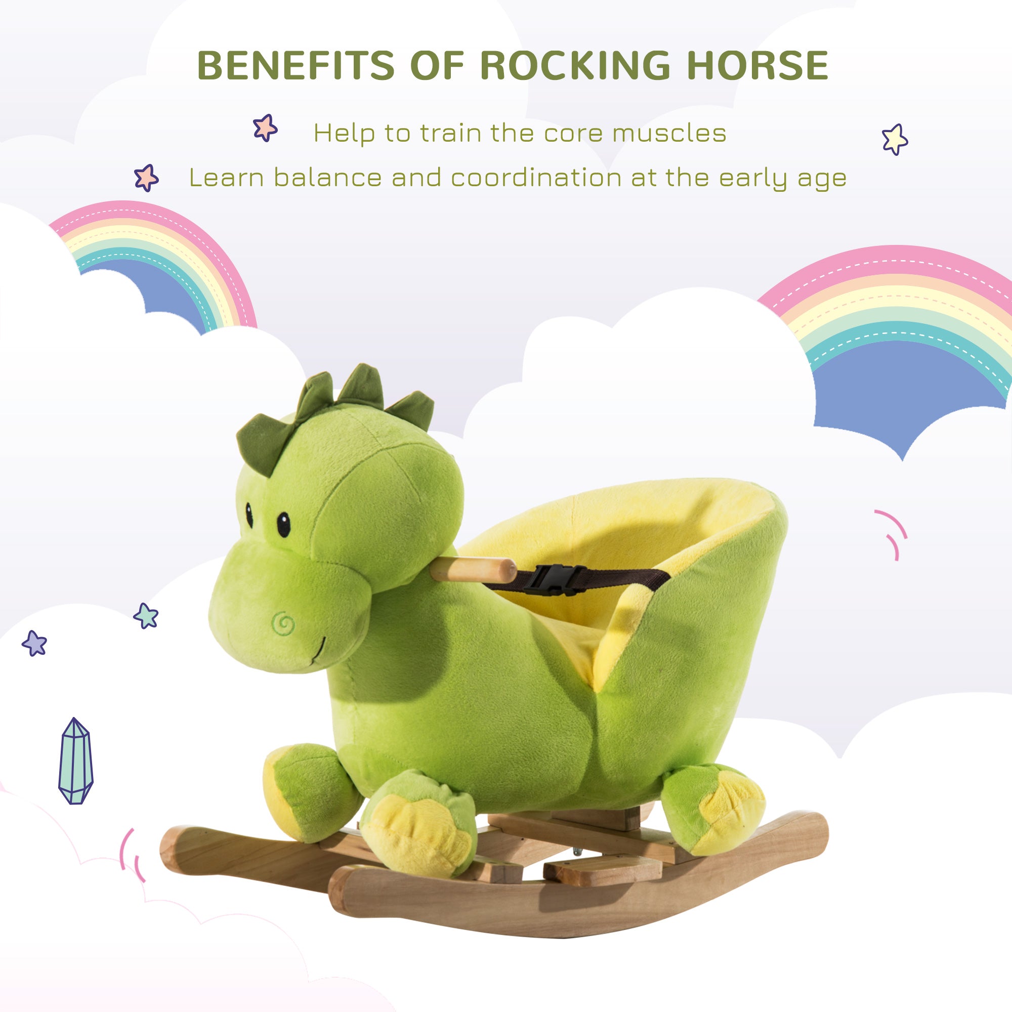 HOMCOM Kids Rocking Horse, Plush Ride-On Dinosaur Seat, with Seat Safety Belt, 32 Songs, Ride-On Horse - North Peak Garden Furniture