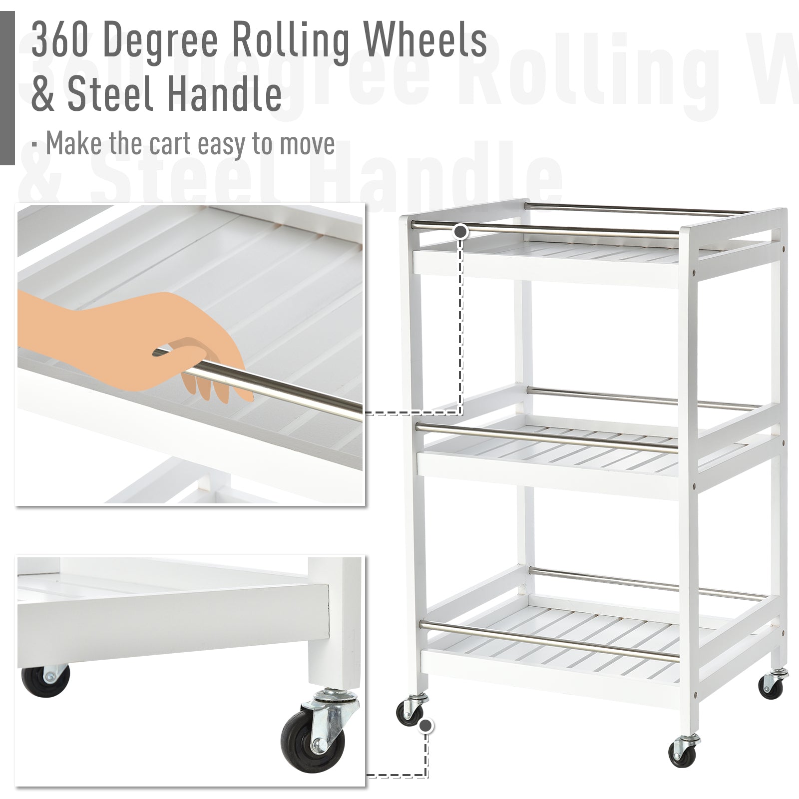 HOMCOM 3-Tier Home Trolley Kitchen Storage Cart w/ Steel Bars 4 Universal Wheels Rolling Unit Organiser Living Room White - North Peak Garden Furniture