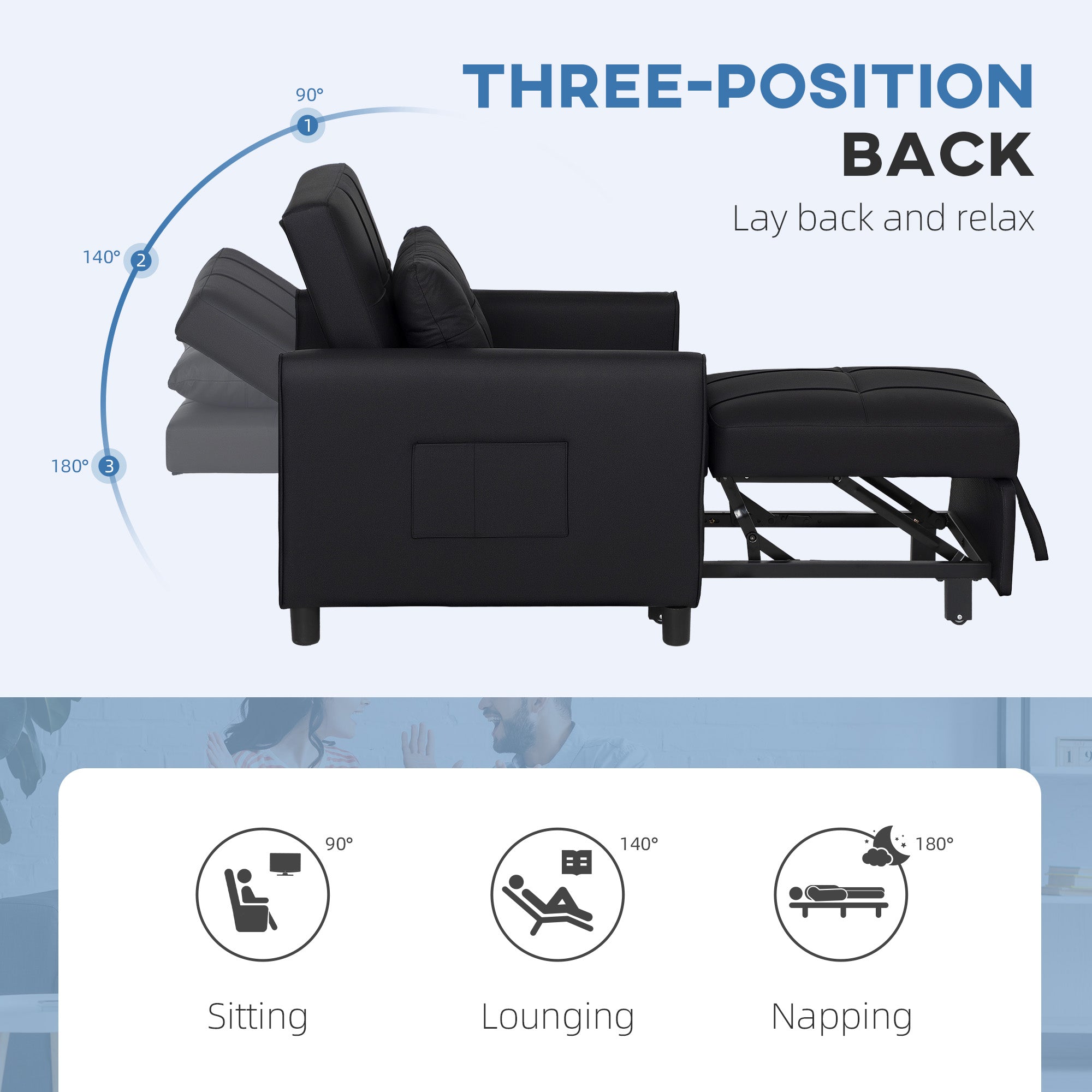 HOMCOM 3-In-1 Convertible Chair Bed, Pull Out Sleeper Chair with Adjustable Backrest, Side Pockets, Black - North Peak Garden Furniture