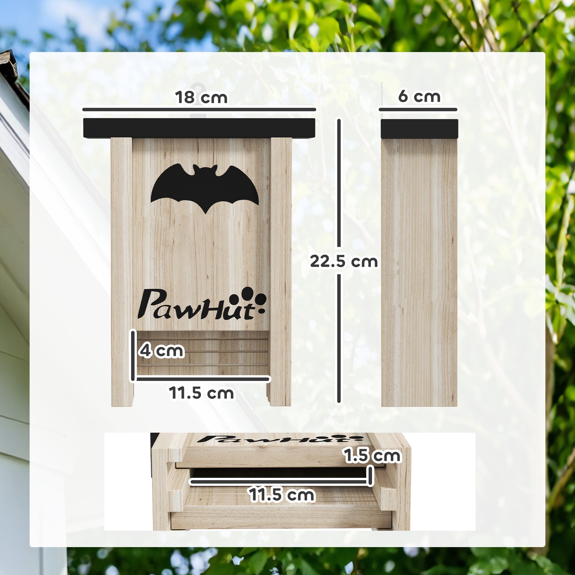 PawHut 3PCs Wooden Bat Boxes, Bat Houses Designed to Attract Bats & Easy to Hang for Outdoor, Garden, Farm, 18 x 6 x 22.5 cm