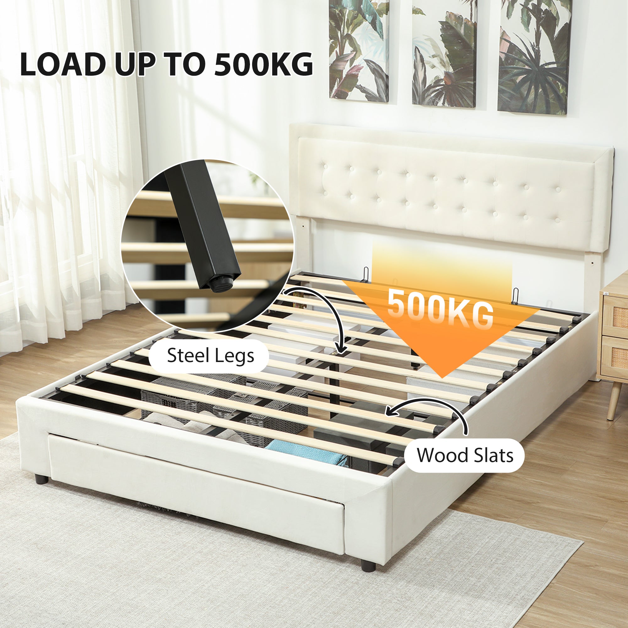 HOMCOM King Size Ottoman Bed Frame, with Front Drawer - Cream