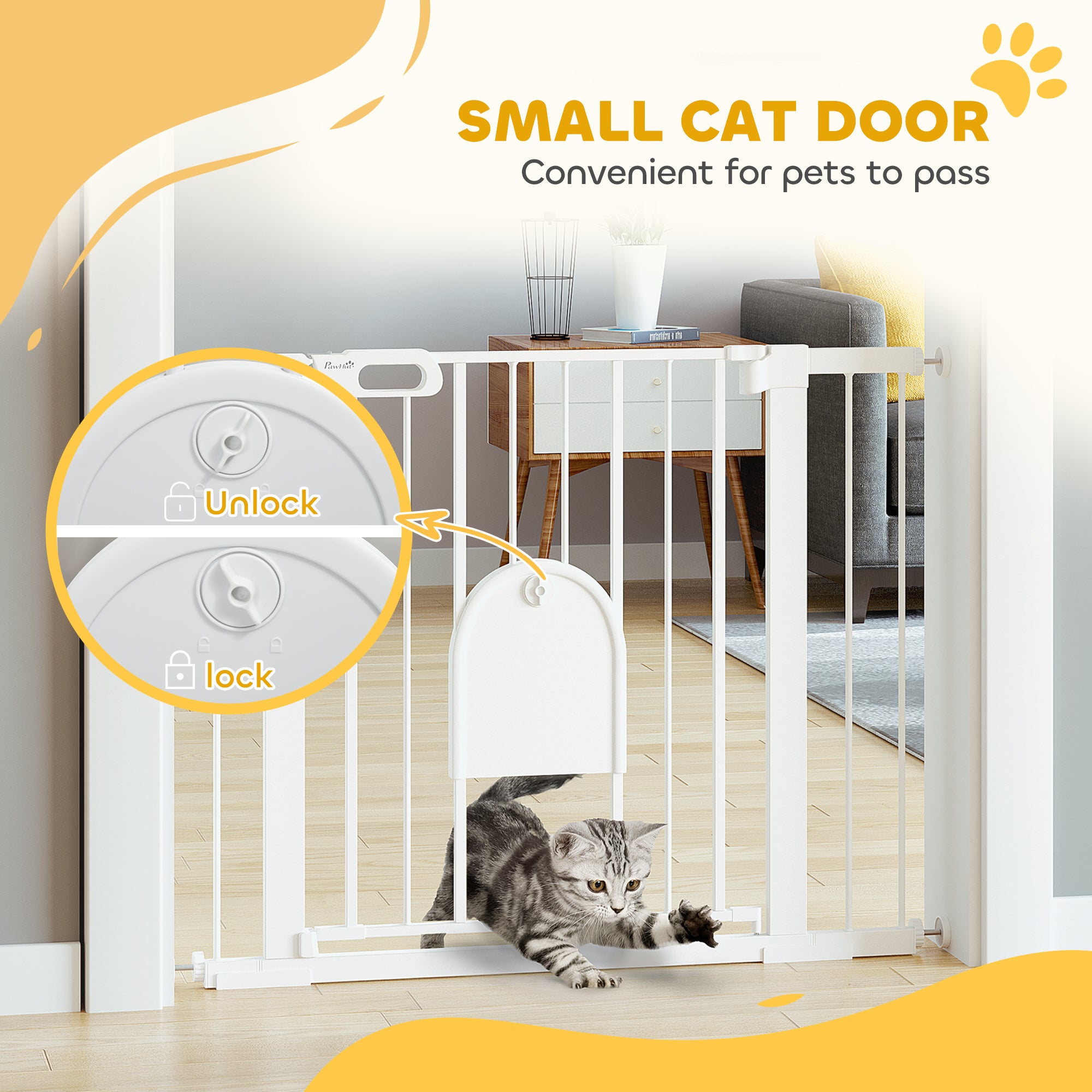 PawHut Dog Gate with Cat Flap Pet Safety Gate Barrier, Stair Pressure Fit, Auto Close, Double Locking, for Doorways, Hallways, 75-103 cm White - North Peak Garden Furniture