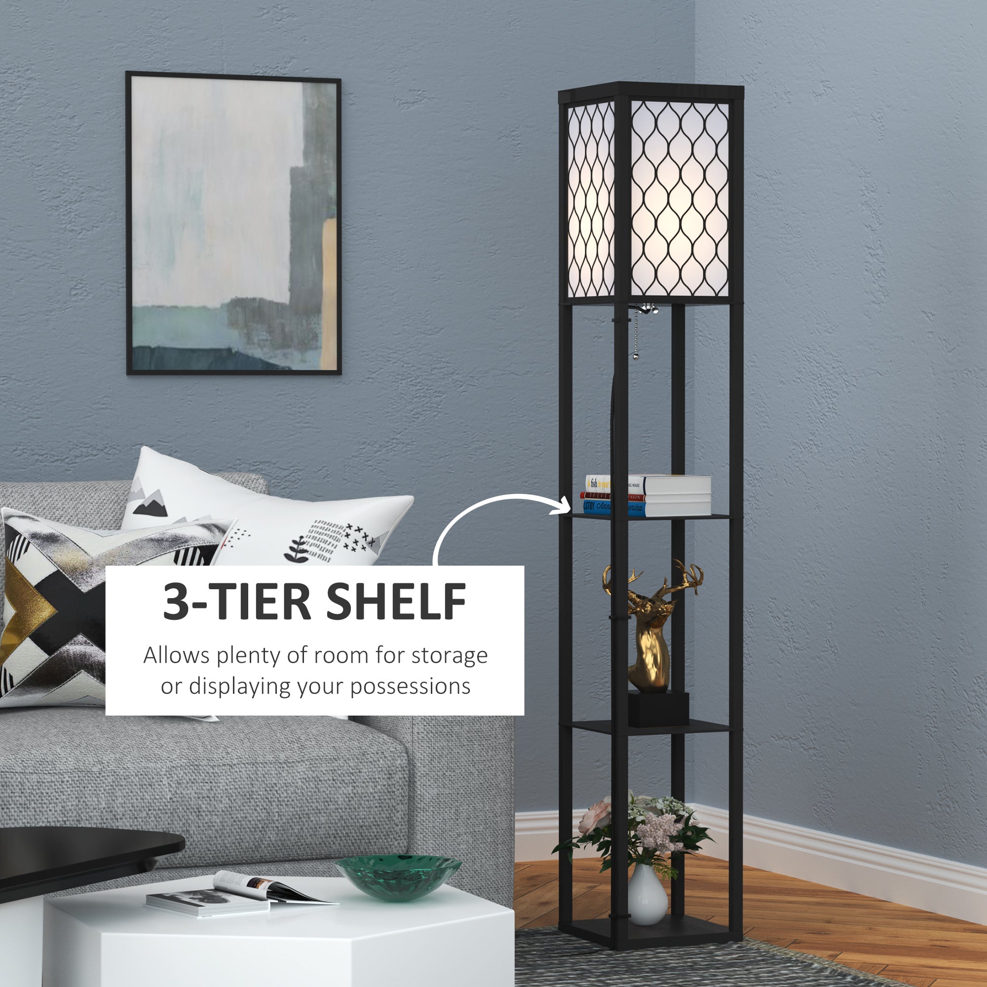 HOMCOM Shelf Floor Lamp Standing Lamp W/4-tier Wooden Open Shelves,26L x 26W x 160Hcm-Black/White - North Peak Garden Furniture