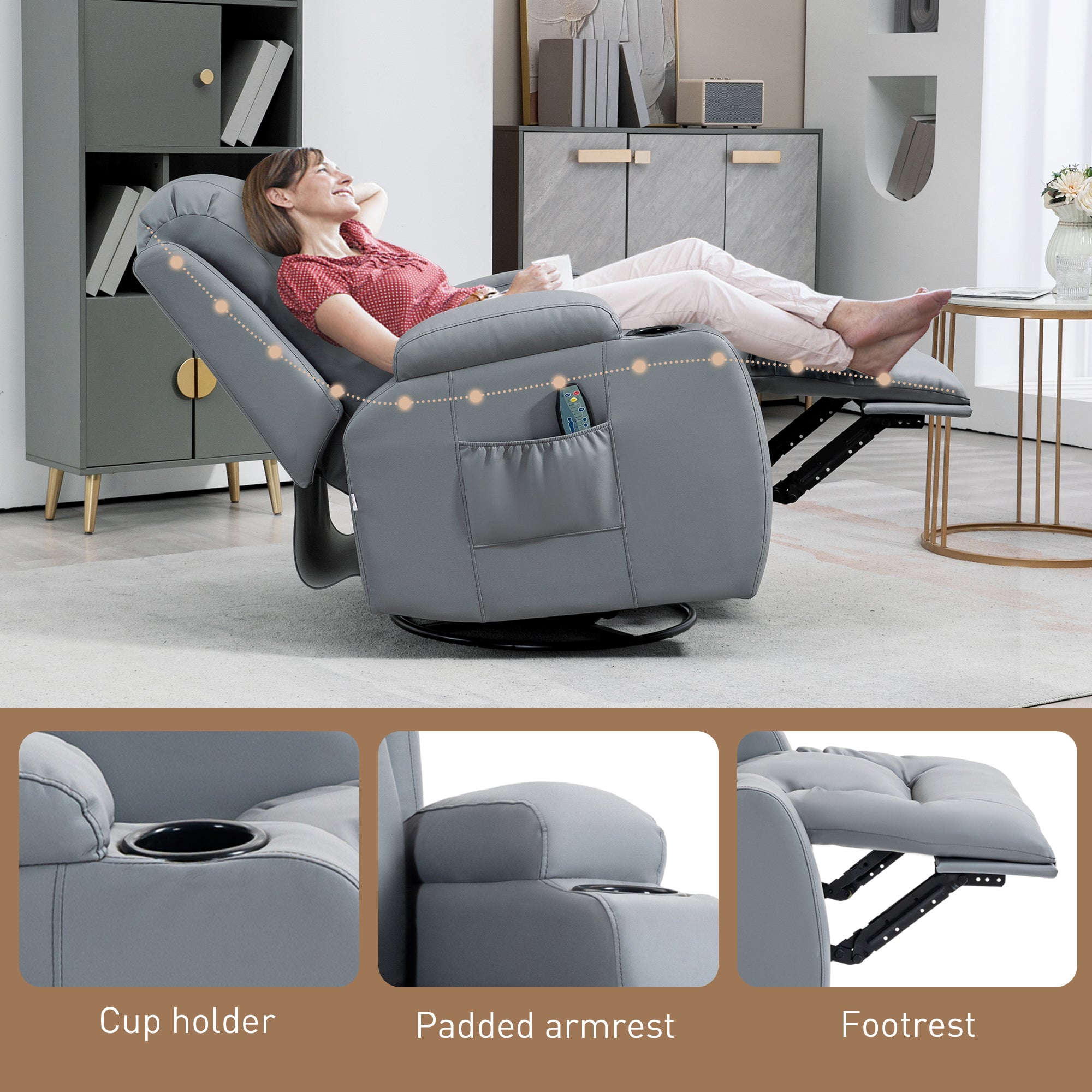 HOMCOM Massage Recliner Chair with 8 Vibration & Heat, PU Leather Recliner Armchair with Cup Holders and Side Pockets, Manual Reclining Chair with Remote, 360° Swivel, Rocking, Light Grey - North Peak Garden Furniture