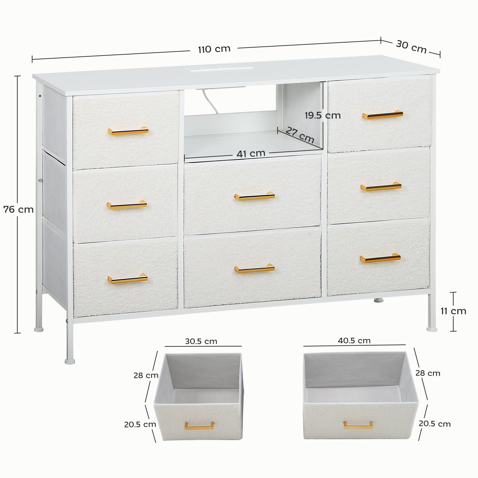 HOMCOM Boucle Chest of Drawers, 8 Fabric Drawers Storage Organiser with Charging Station, 2 USB and 2 AC Ports, Steel Frame, Fabric Dresser for Living Room, Bedroom, Hallway, Cream White - North Peak Garden Furniture