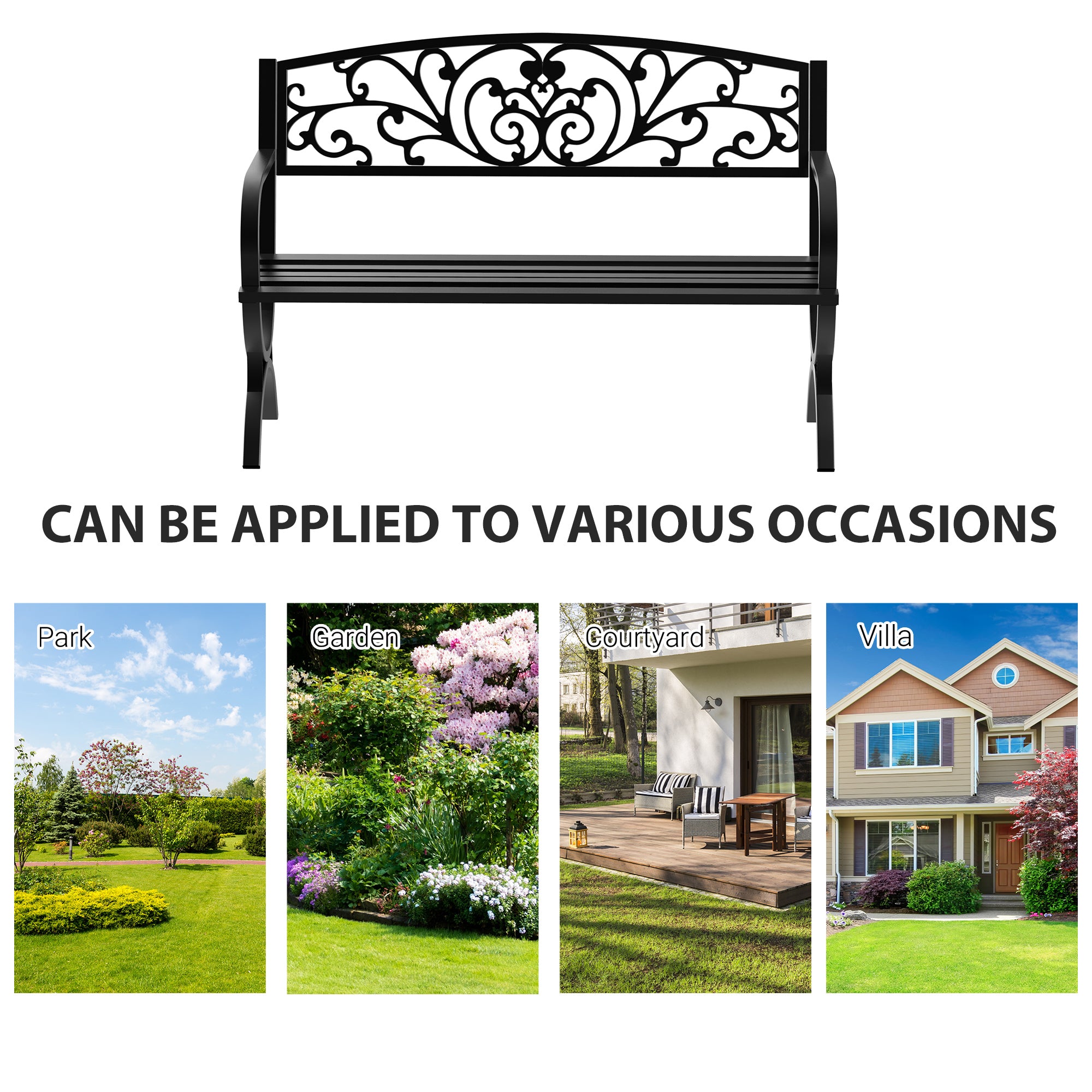 Outsunny 127L x 60W x 85H cm Powder Coated Garden Bench for Patio Backyard, Steel-Black