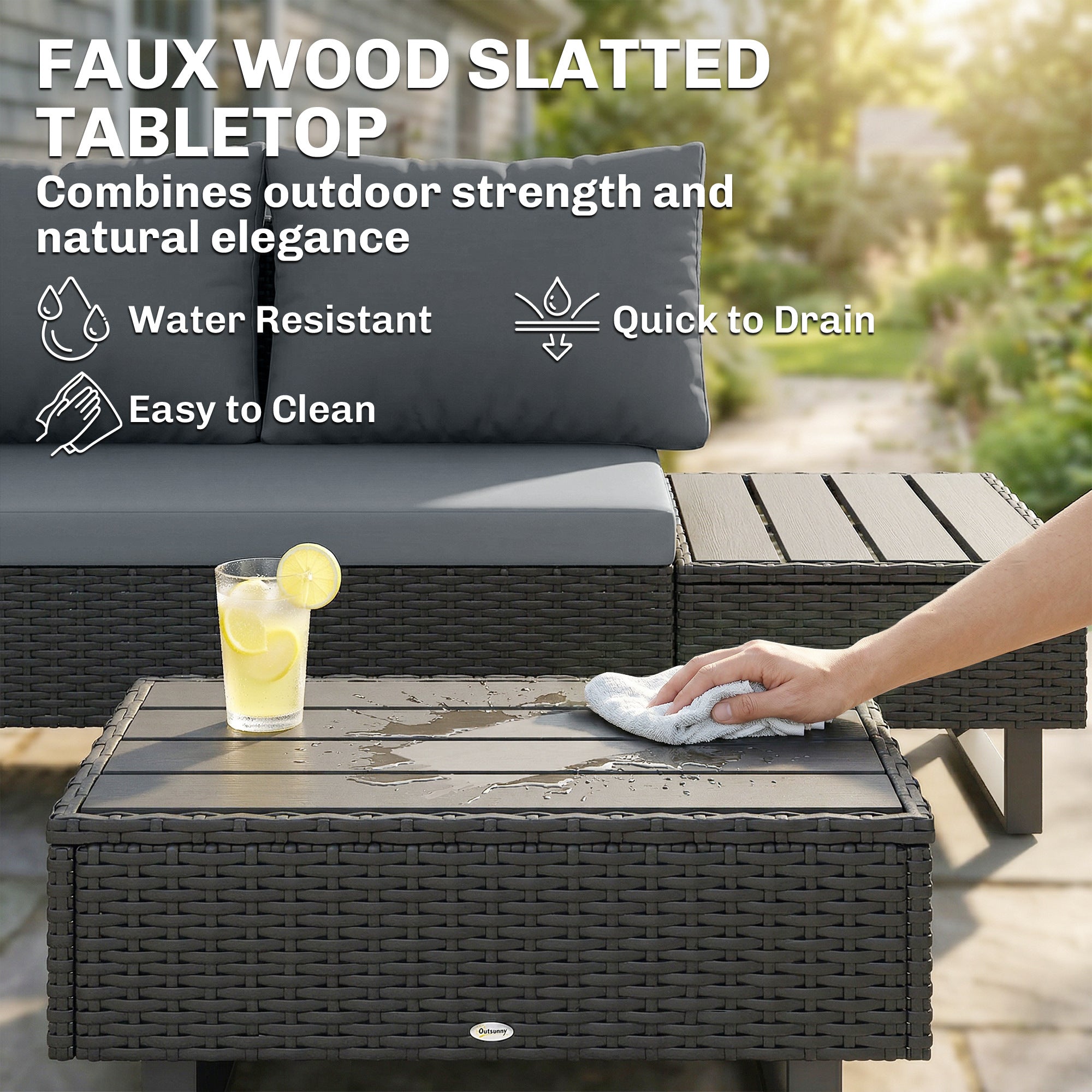 Outsunny 5 Seater Rattan Garden Furniture Set, L Shaped Garden Corner Sofa, Adjustable Back, Faux Wood Table, Dark Grey