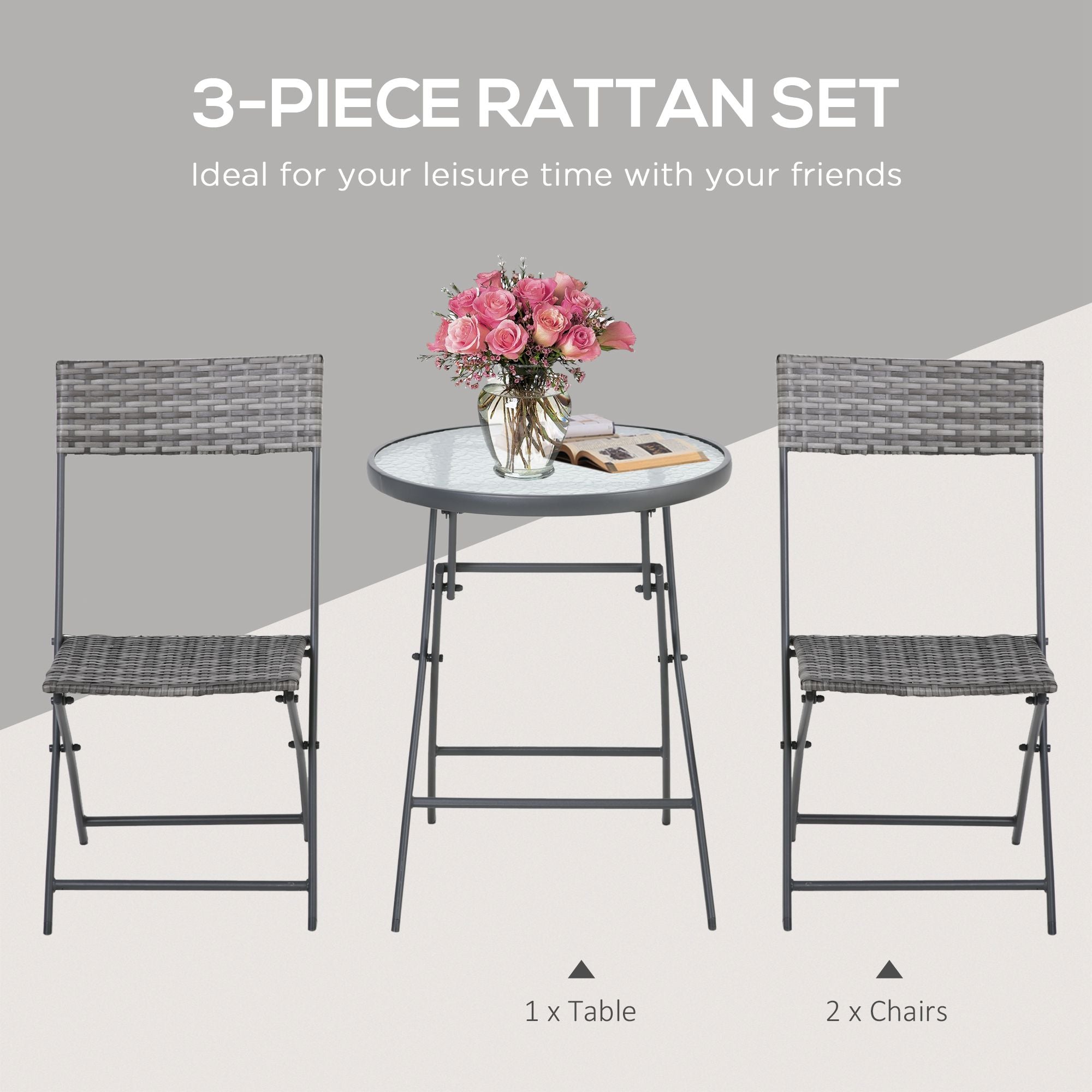 Outsunny 3 Pieces Rattan Bistro Set, Wicker Folding Garden Furniture Set with Glass Top Coffee Table and Chairs for Outdoor, Patio, Balcony, Grey - North Peak Garden Furniture