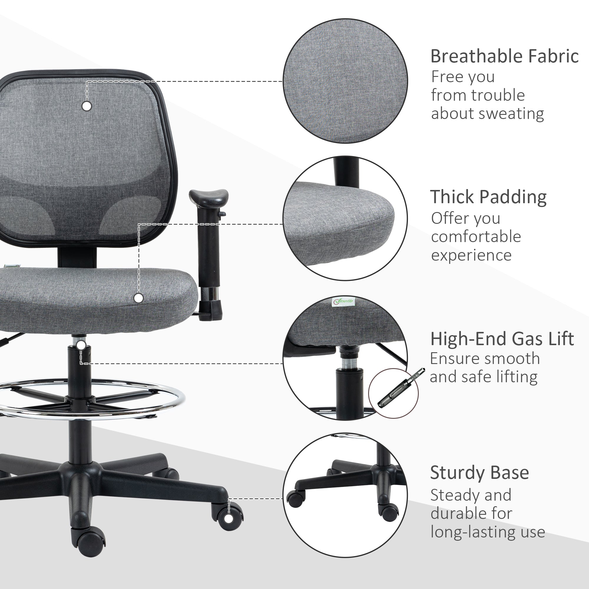 Vinsetto Drafting Chair, Fabric Office Chair, Ergonomic Painting Chair with Height Armrest Adjustable and Foot Ring, 360° Swivel Stool Chair for Standing Desk, Grey - North Peak Garden Furniture