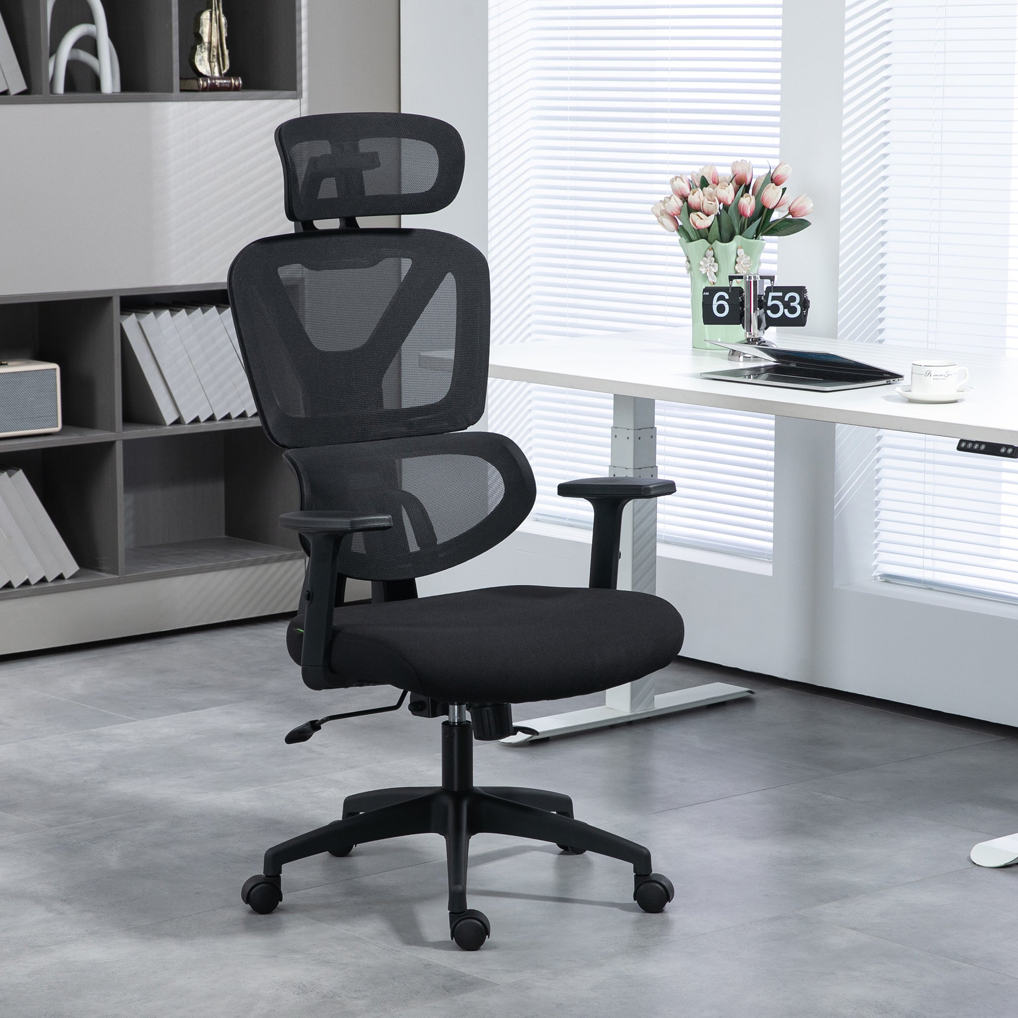 Vinsetto Mesh Office Chair, Height Adjustable Desk Chair with Lumbar Support, Swivel Wheels and Adjustable Headrest, Black - North Peak Garden Furniture