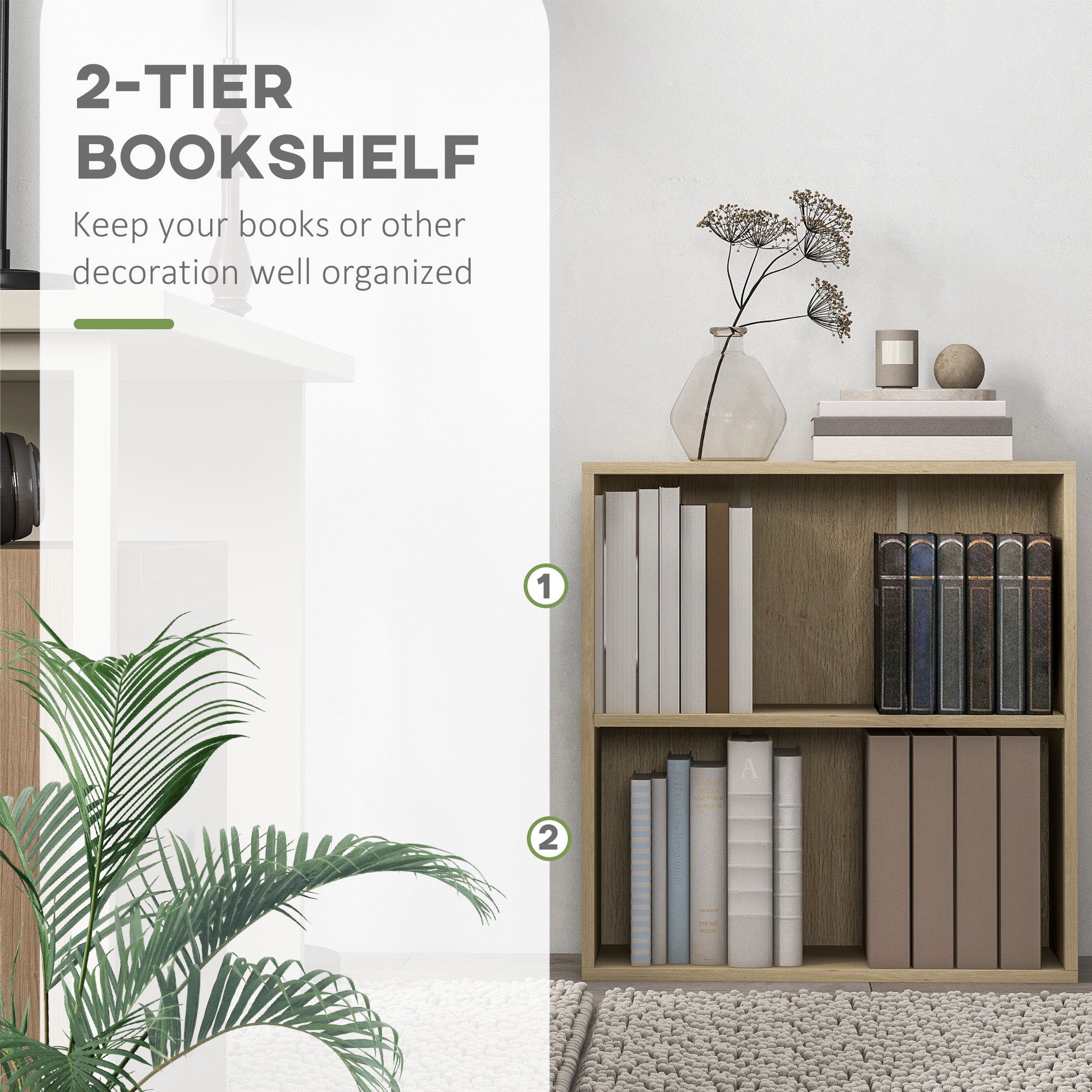 HOMCOM 2 Tier Bookshelf, Low Bookcase with Adjustable Shelf, 2 Compartments for Home Office, Living Room, Study, Natural - North Peak Garden Furniture