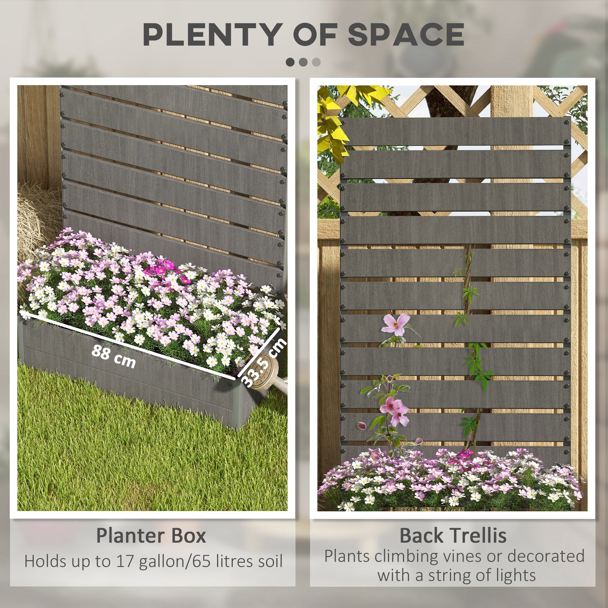 Outsunny Raised Bed for Garden, Planter with Trellis for Climbing Plants, Vines, Planter Box with Drainage Gap, Dark Grey