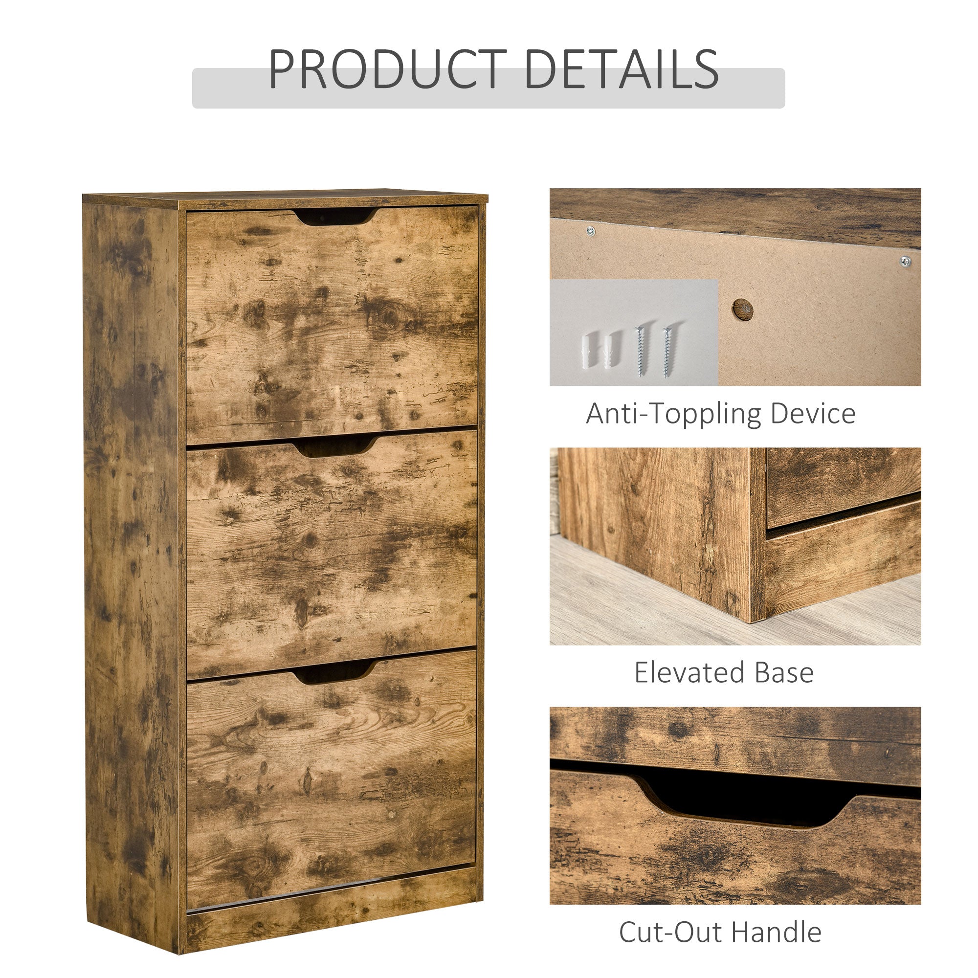 HOMCOM Industrial Shoe Cabinet with 3 Flip Drawers, Narrow Shoe Storage Cabinet for 18 Pairs, Freestanding Slim Shoe Storage Organiser for Entryway, Hallway, Rustic Brown - North Peak Garden Furniture