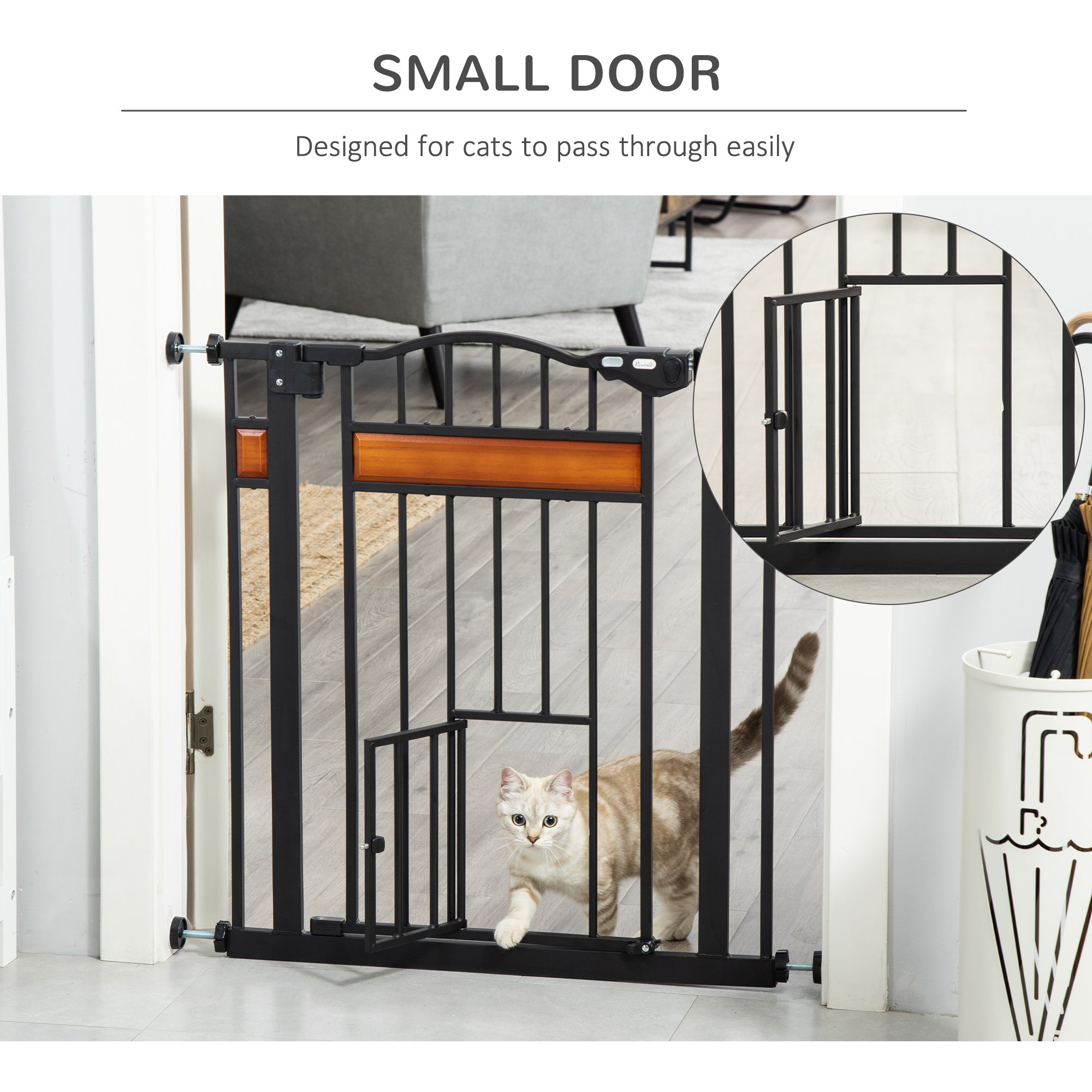 PawHut Pet Gate Safety Gate, with Cat Flap, Auto Close, for Staircases, Doorways, Hallways, 74-80cm Wide - Black - North Peak Garden Furniture