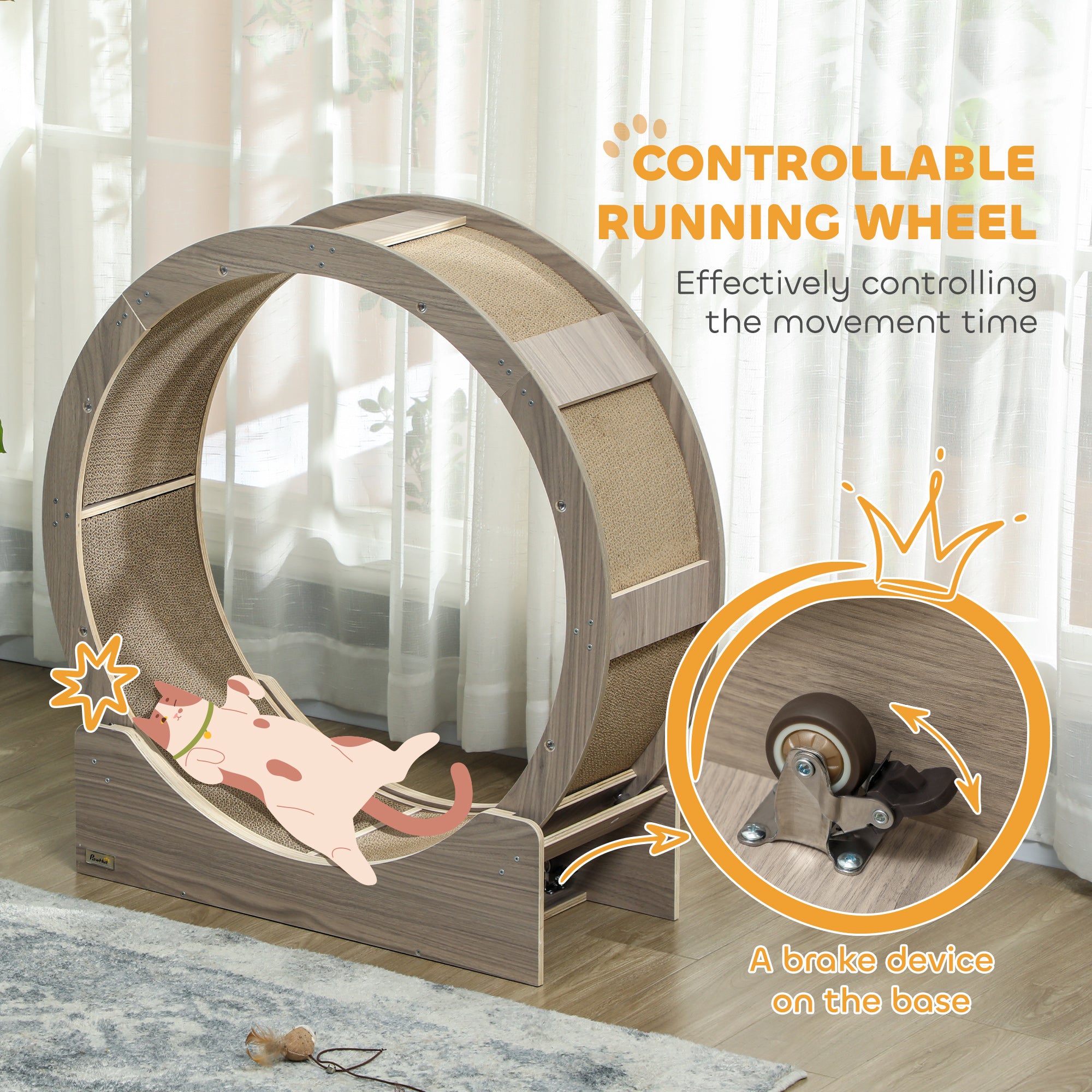 PawHut Cat Wheel with Brake, Scratching Pads - Walnut Brown