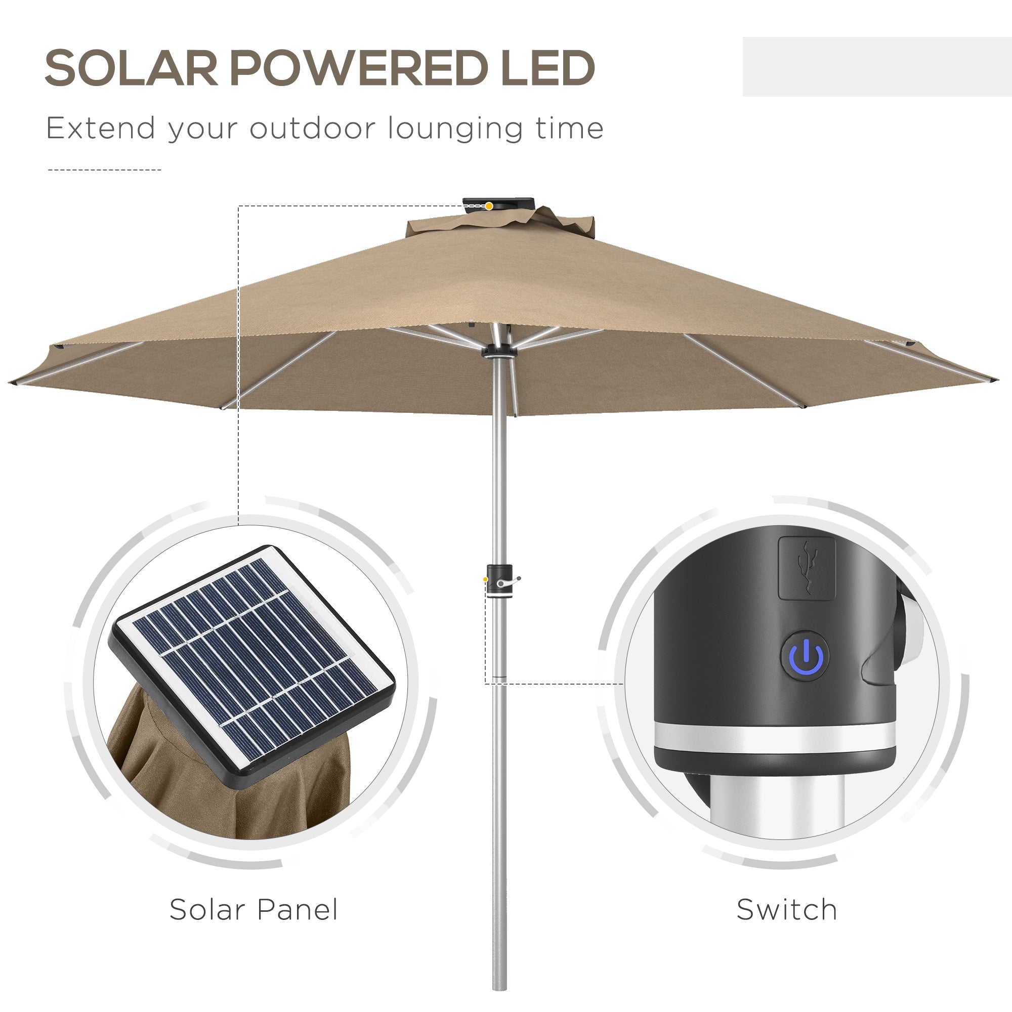 Outsunny 3m Parasol, with Solar-Powered LED Lights - Khaki - North Peak Garden Furniture