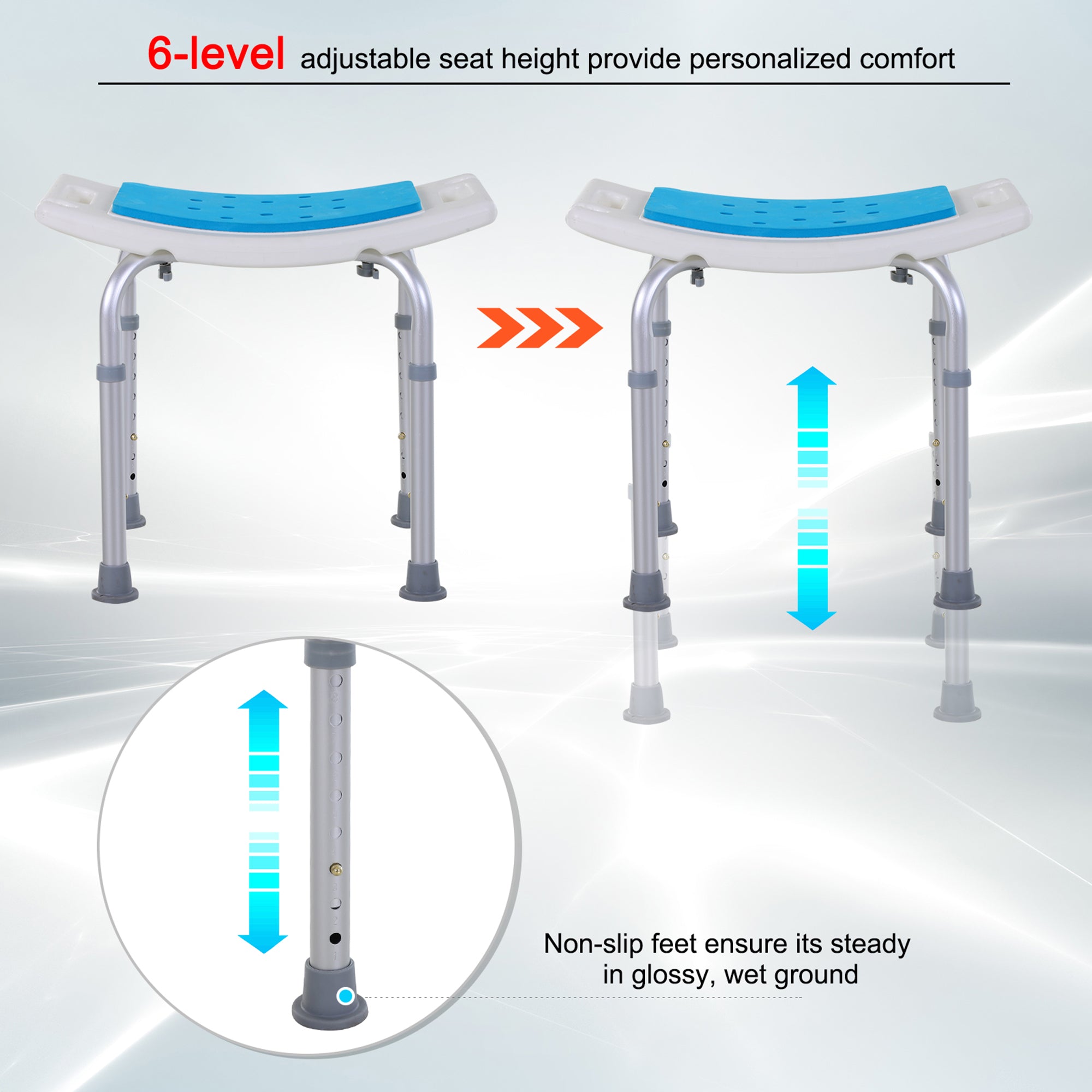 HOMCOM 6-Level Height Adjustable Aluminium Bath Room Stool Chair Shower Non-Slip Design w/ Padded Seat Drainage Holes Foot Pad, Blue - North Peak Garden Furniture