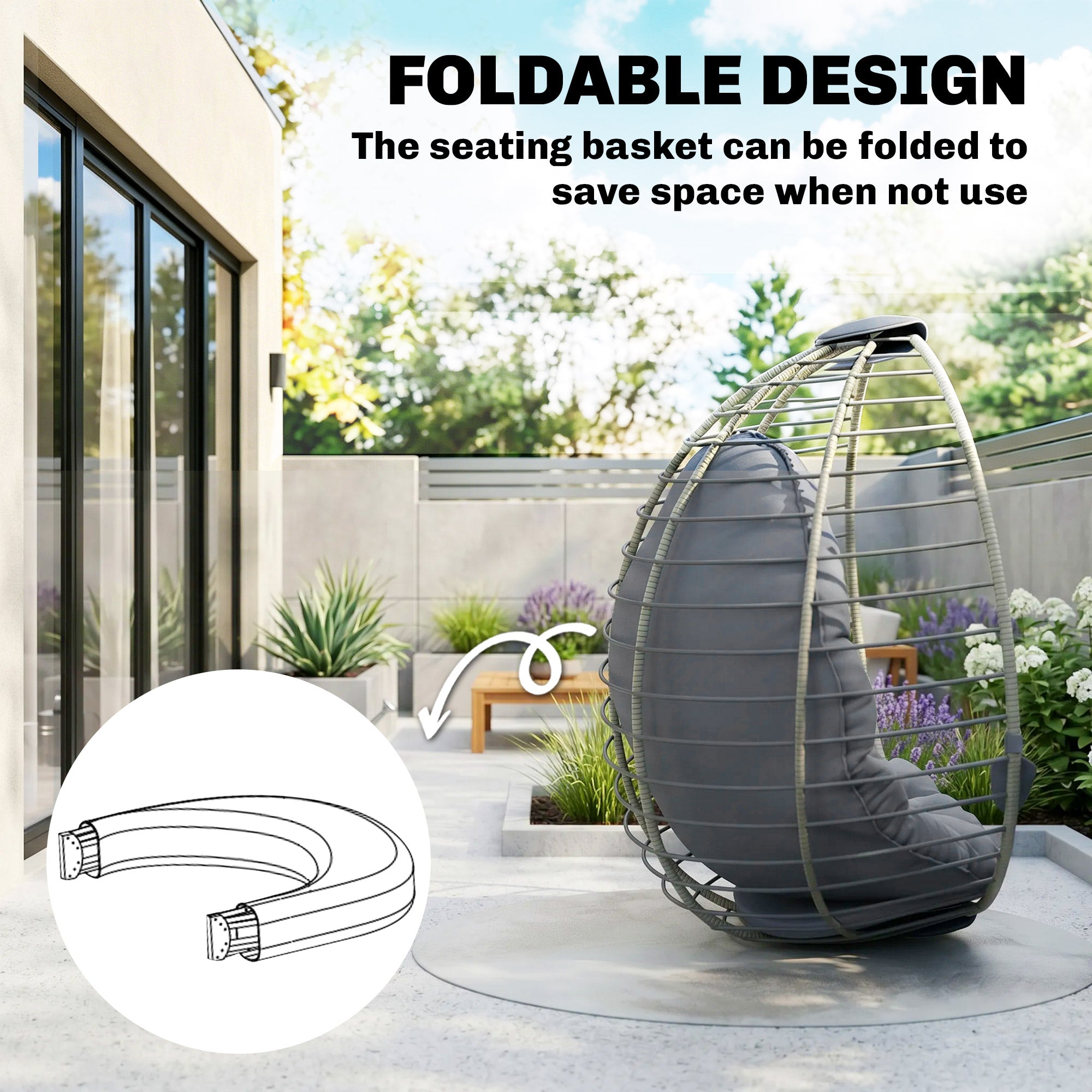 Outsunny PE Rattan Swing Chair, Outdoor Hanging Chair with Metal Stand, Thick Padded Cushion, Foldable Basket and Cup Holder, for Indoor and Outdoor, Grey