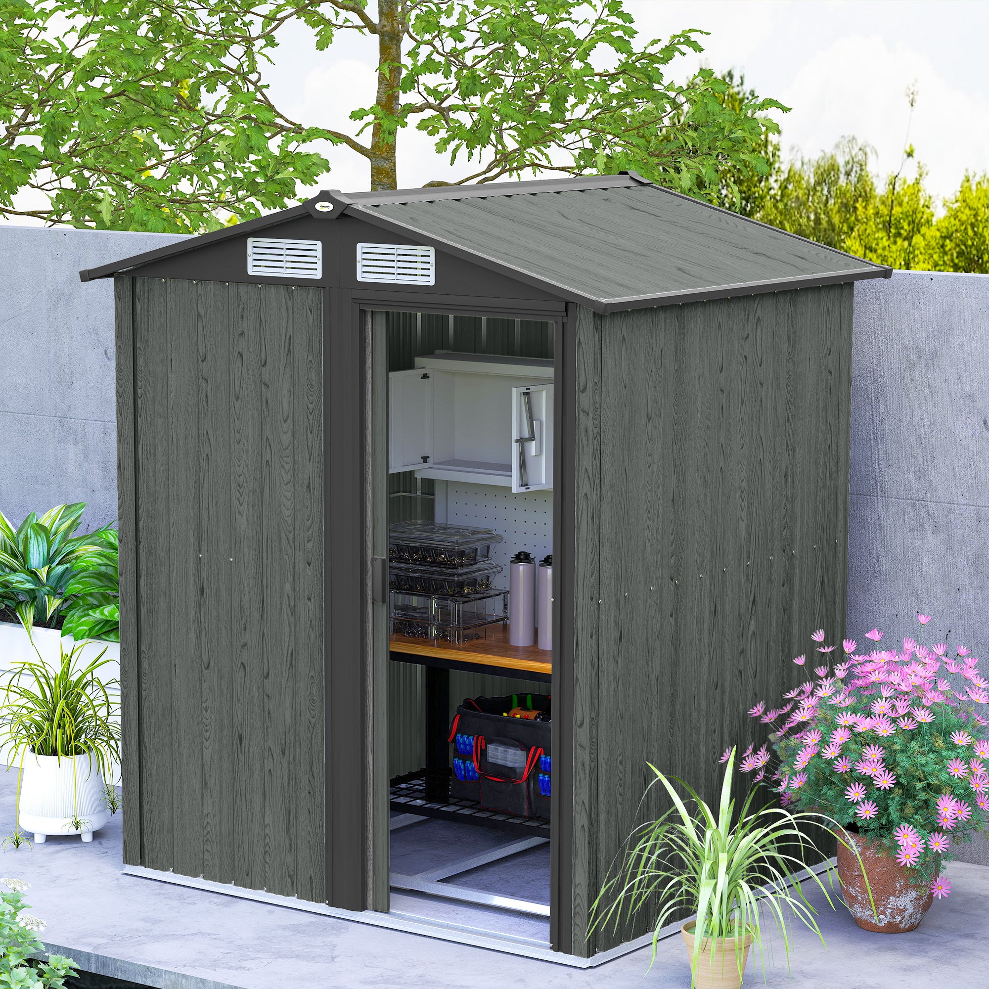 Outsunny 4.3 x 5ft Outdoor Garden Storage Shed - Grey Wood Effect