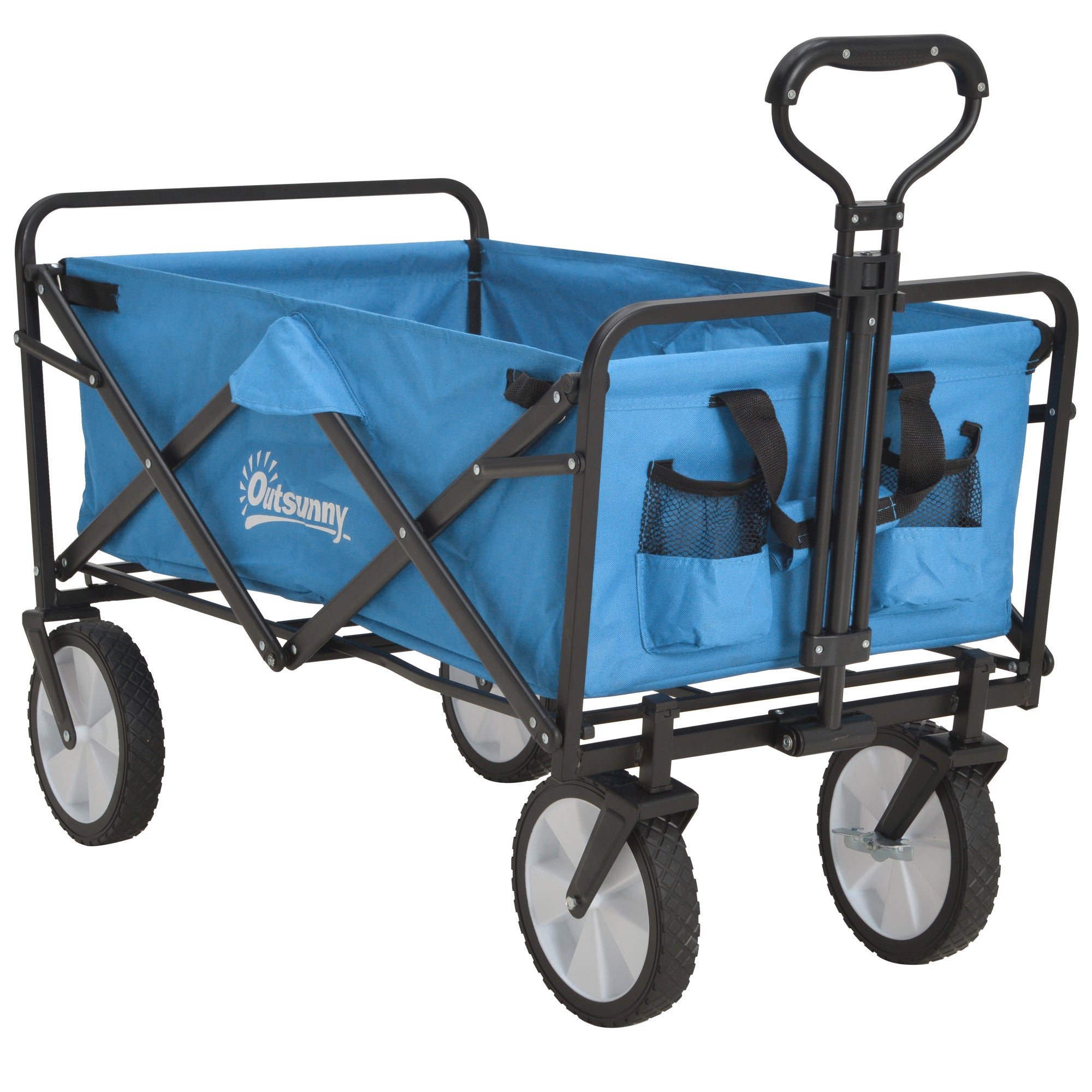 Outsunny 90L Folding Garden Trolley Cart Pull Along Wagon with Telescopic Handle for Beach Camping Festival - Blue - North Peak Garden Furniture