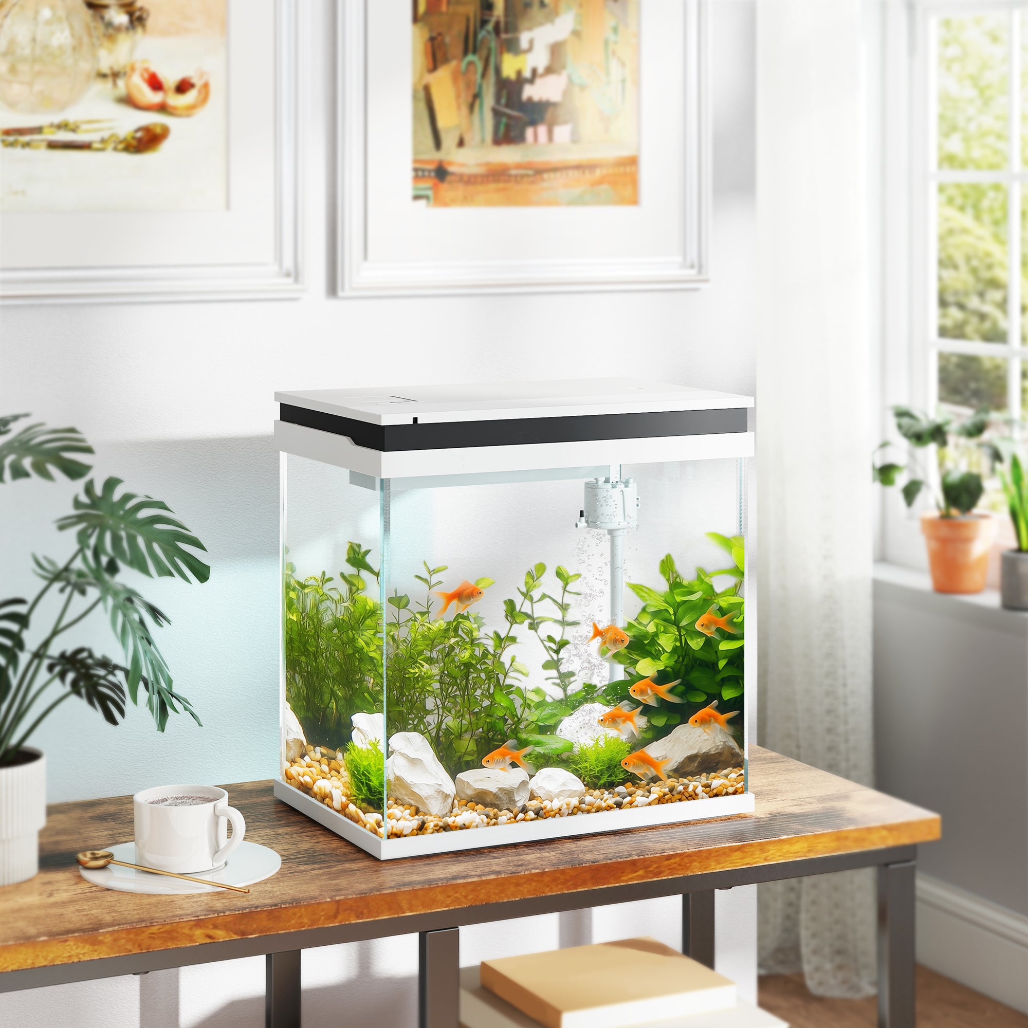 PawHut 26L Glass Fish Tank with Filter System, LED Lights, Water Pump, White - North Peak Garden Furniture