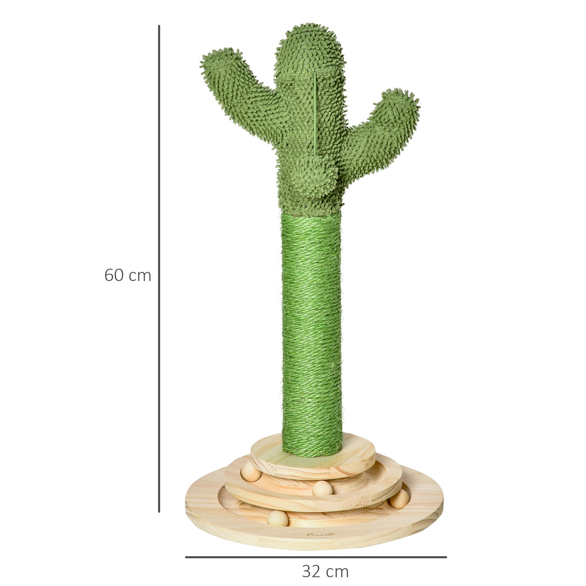 PawHut Cat Tree Cactus Sisal Scratching Post for Indoor Cats Play Tower Kitten Furniture with Hanging Ball Interactive Fun Roller Exerciser 32 x 32 x 60cm - North Peak Garden Furniture